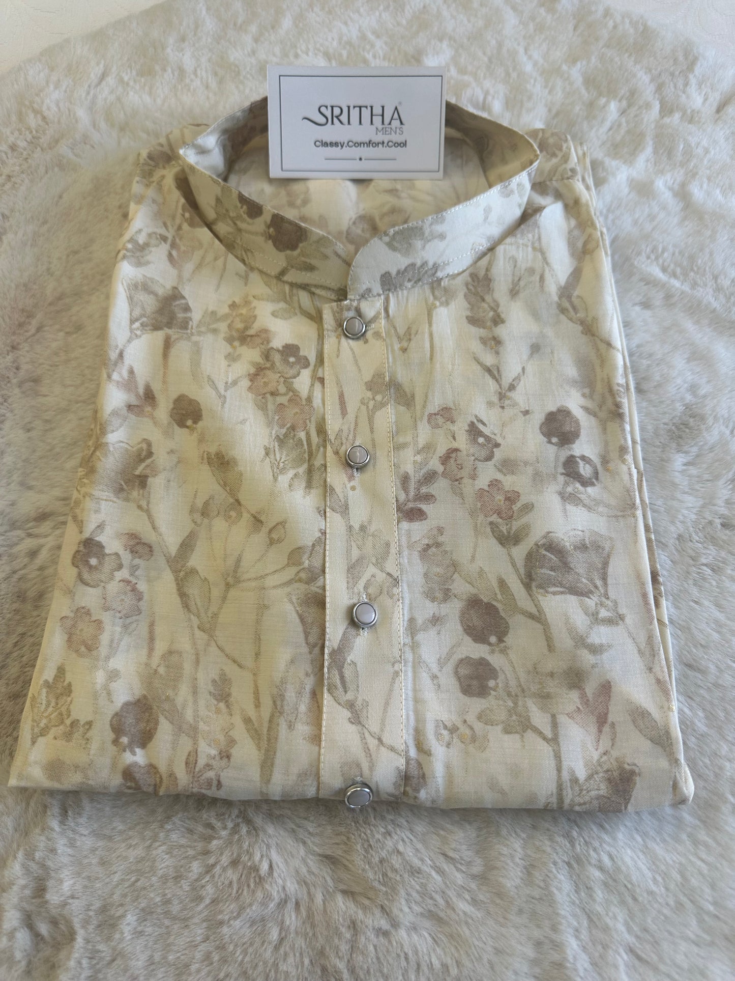 SM0725-02-07 Cream Floral Soft Muslin Blend Kurta Set