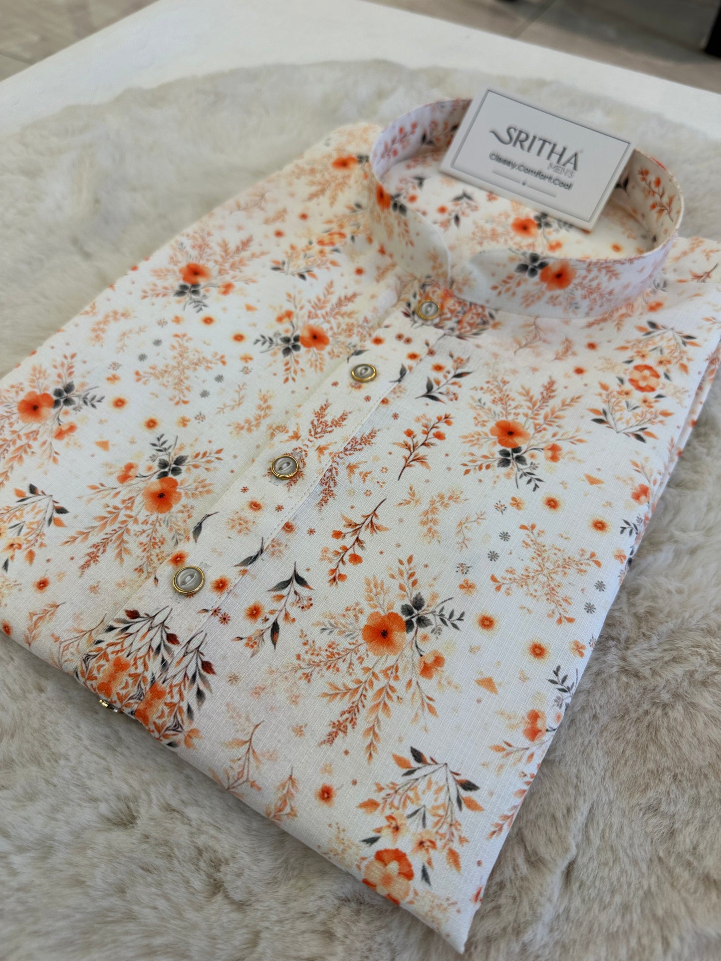 SM0625-01-16 White and Orange Floral Viscose Print Kurta