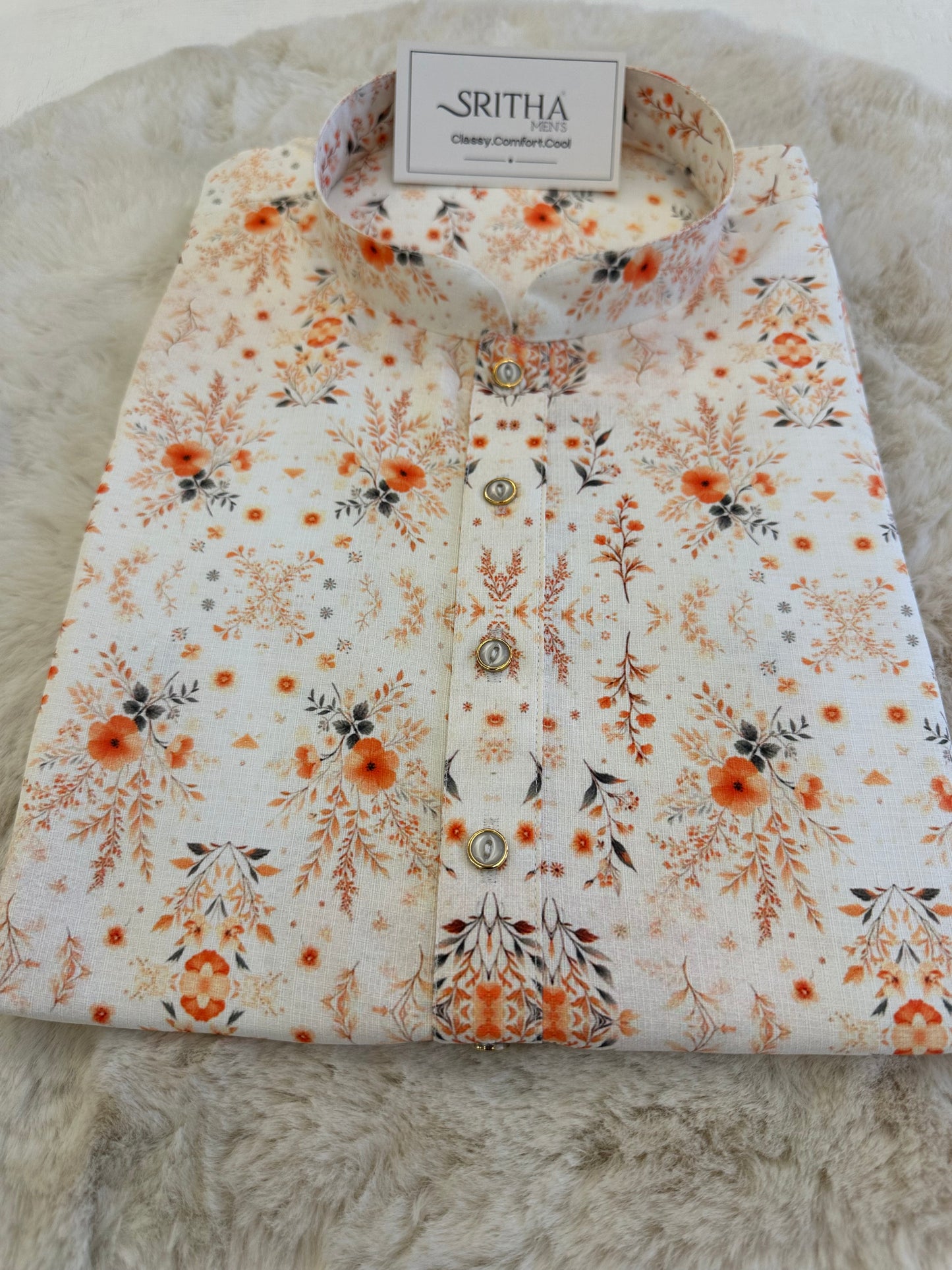 SM0625-01-16 White and Orange Floral Viscose Print Kurta