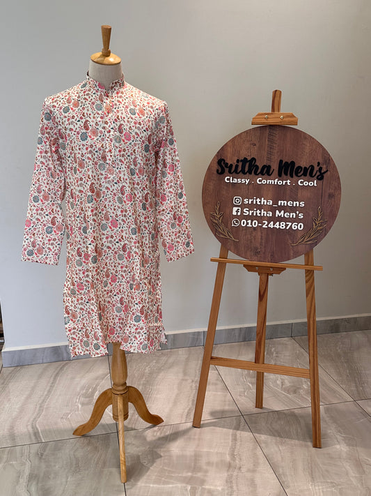 SM1125-02-15 White Floral Soft Viscose Blend Kurta Set