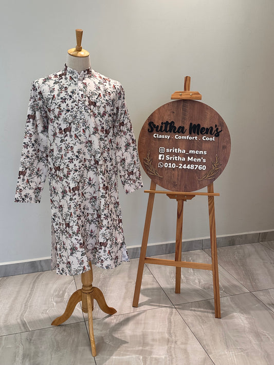 SM1225-01-06 Cream Deer Printed Cotton Kurta