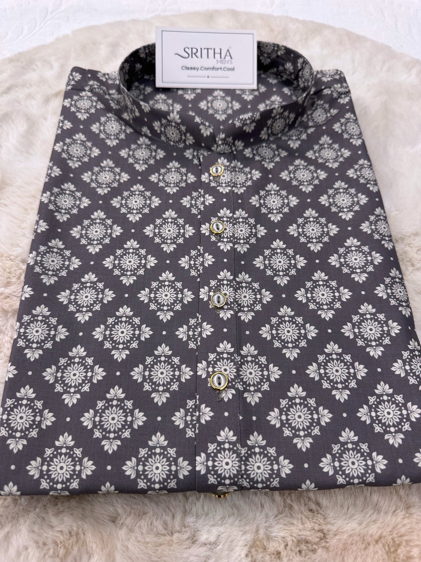 SM0625-01-06 Grey & White Printed Cotton Kurta
