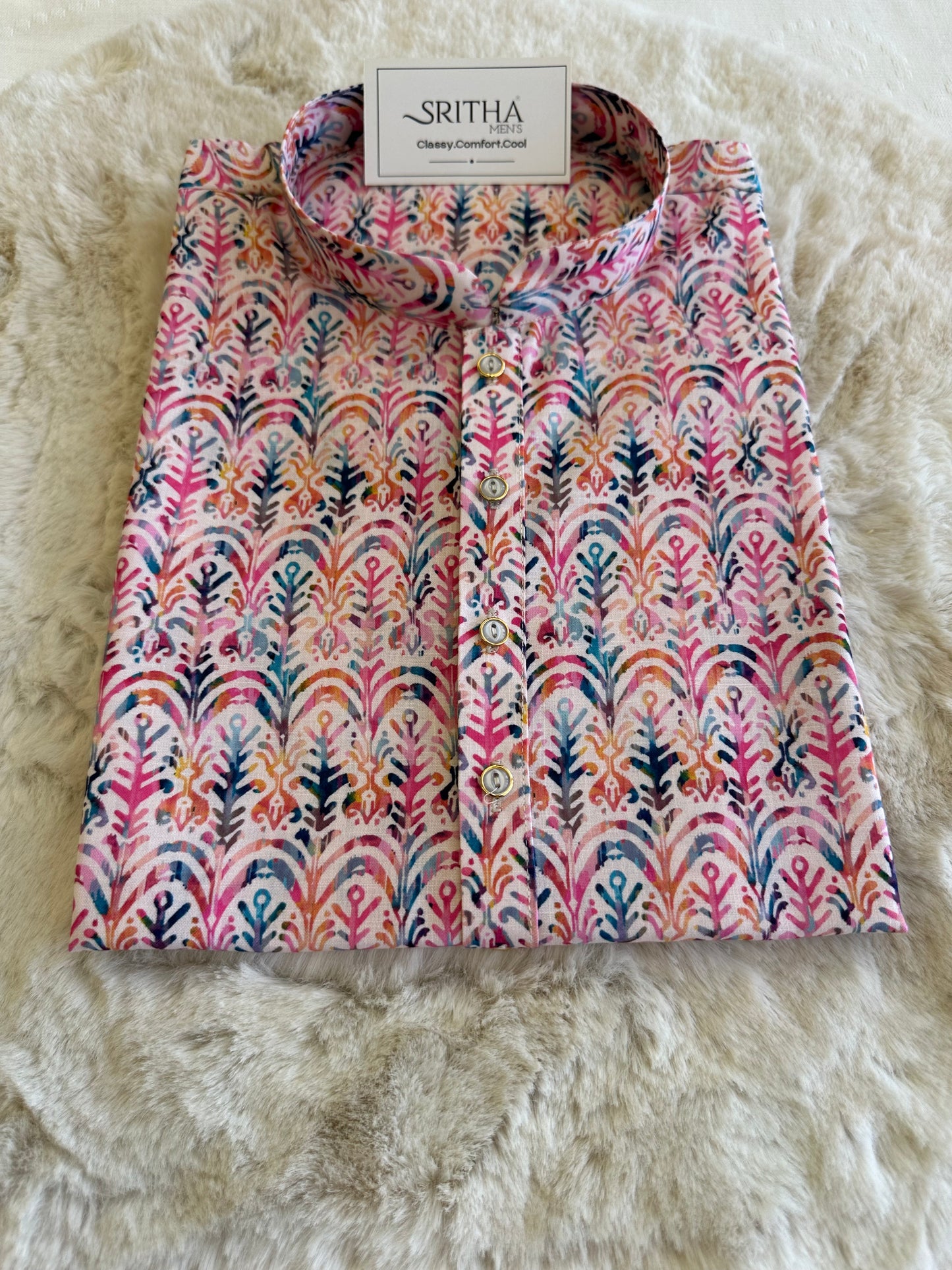 SM0625-01-07 Pink Blue White Khadi Silk Kurta
