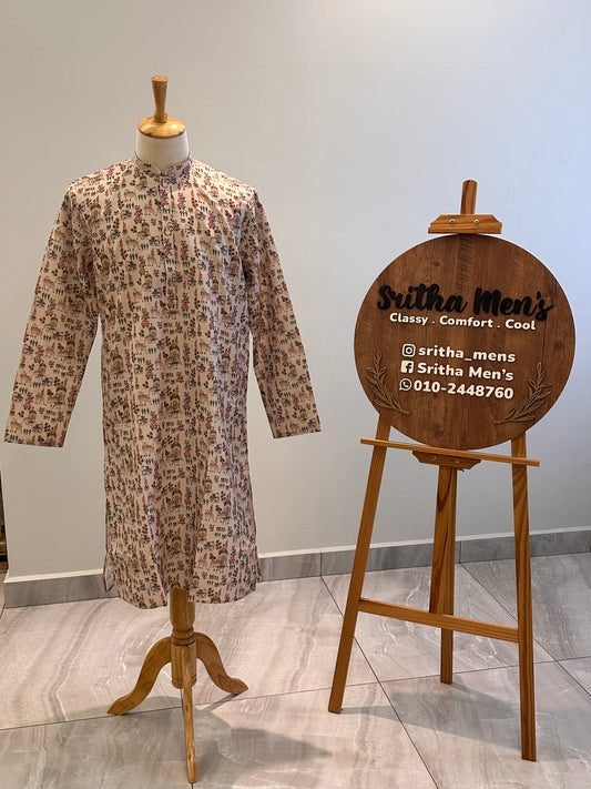 SM1225-01-05 Beige Animal Printed Cotton Kurta