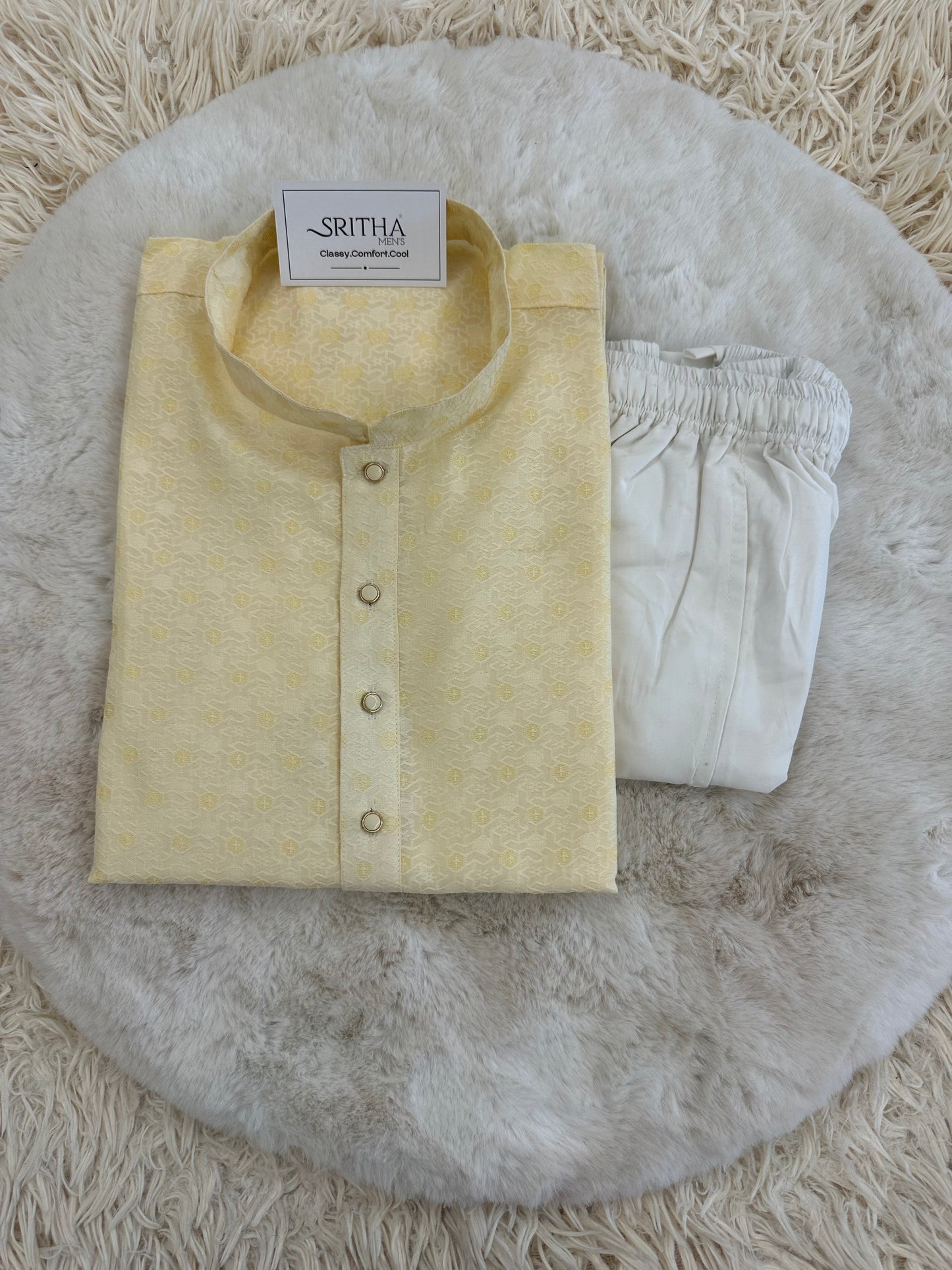 SM0724-02-10 Cream & Yellow Jacquard Silk Kurta Set