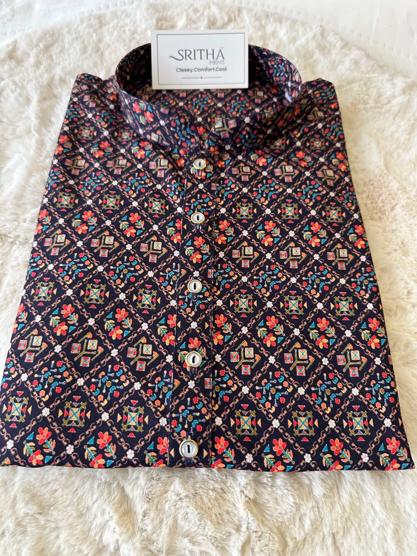SM0625-01-15 Navy Blue & Striking Motif Khadi Silk Kurta