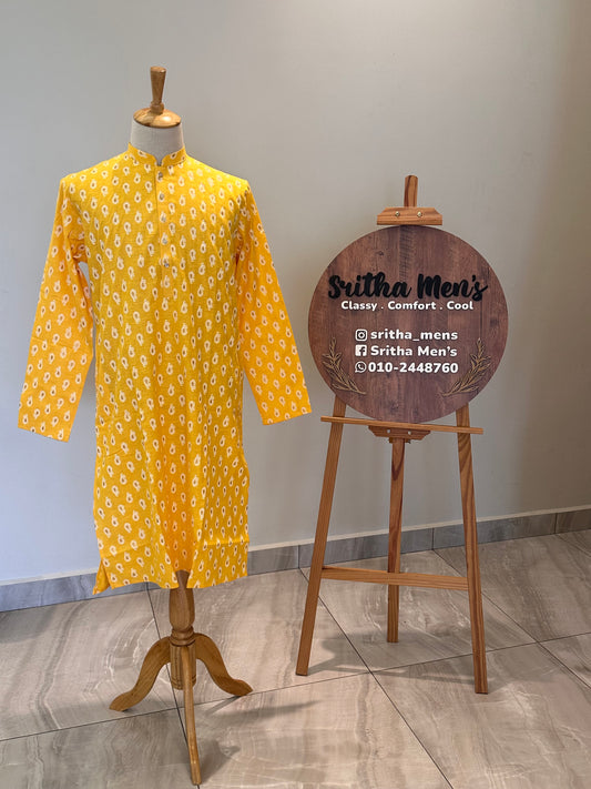 SM0126-01-01 Yellow & White Printed Cotton Kurta