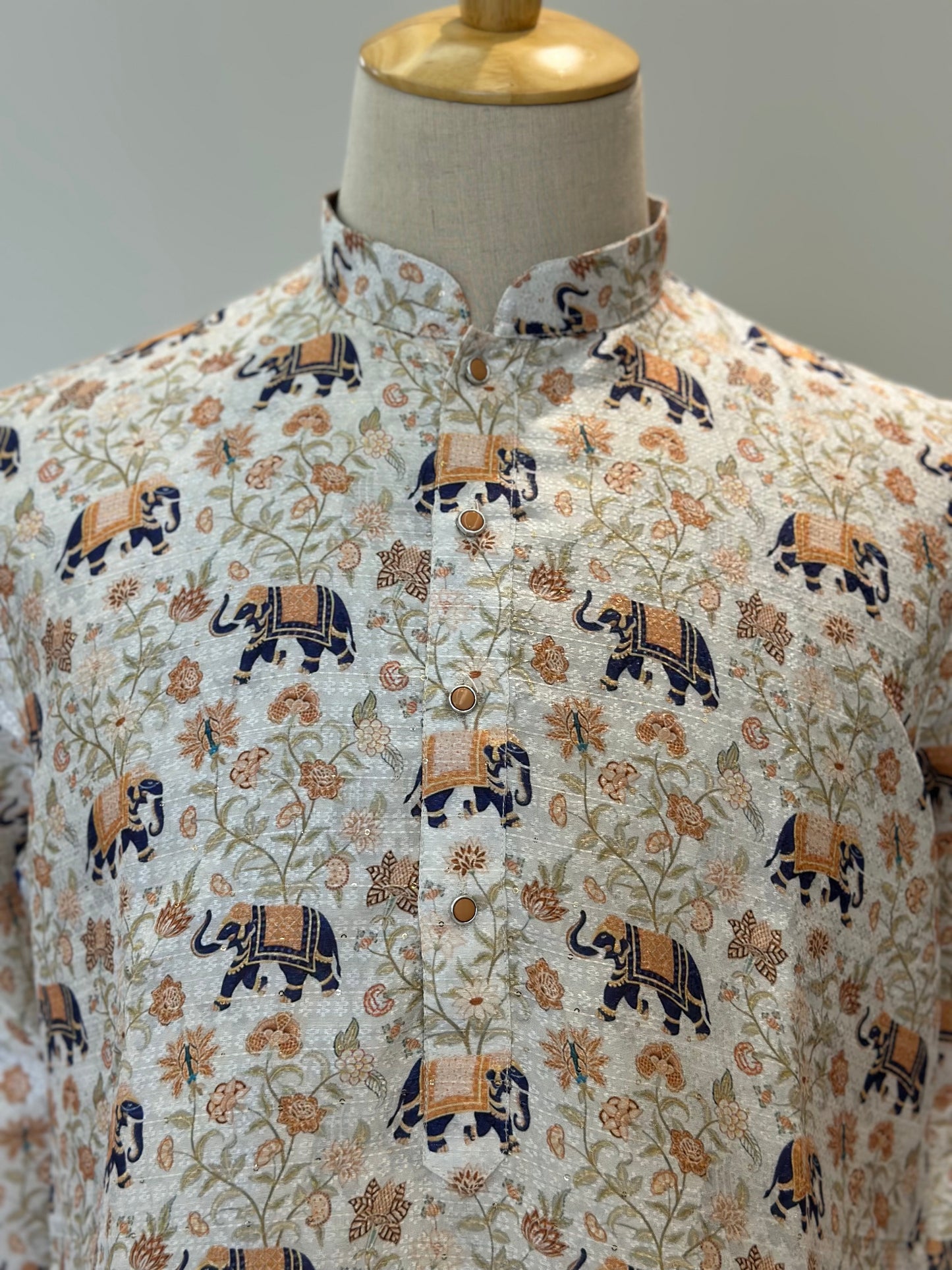 SM0725-02-01 White & Blue Elephant Soft Silk Blend Kurta Set