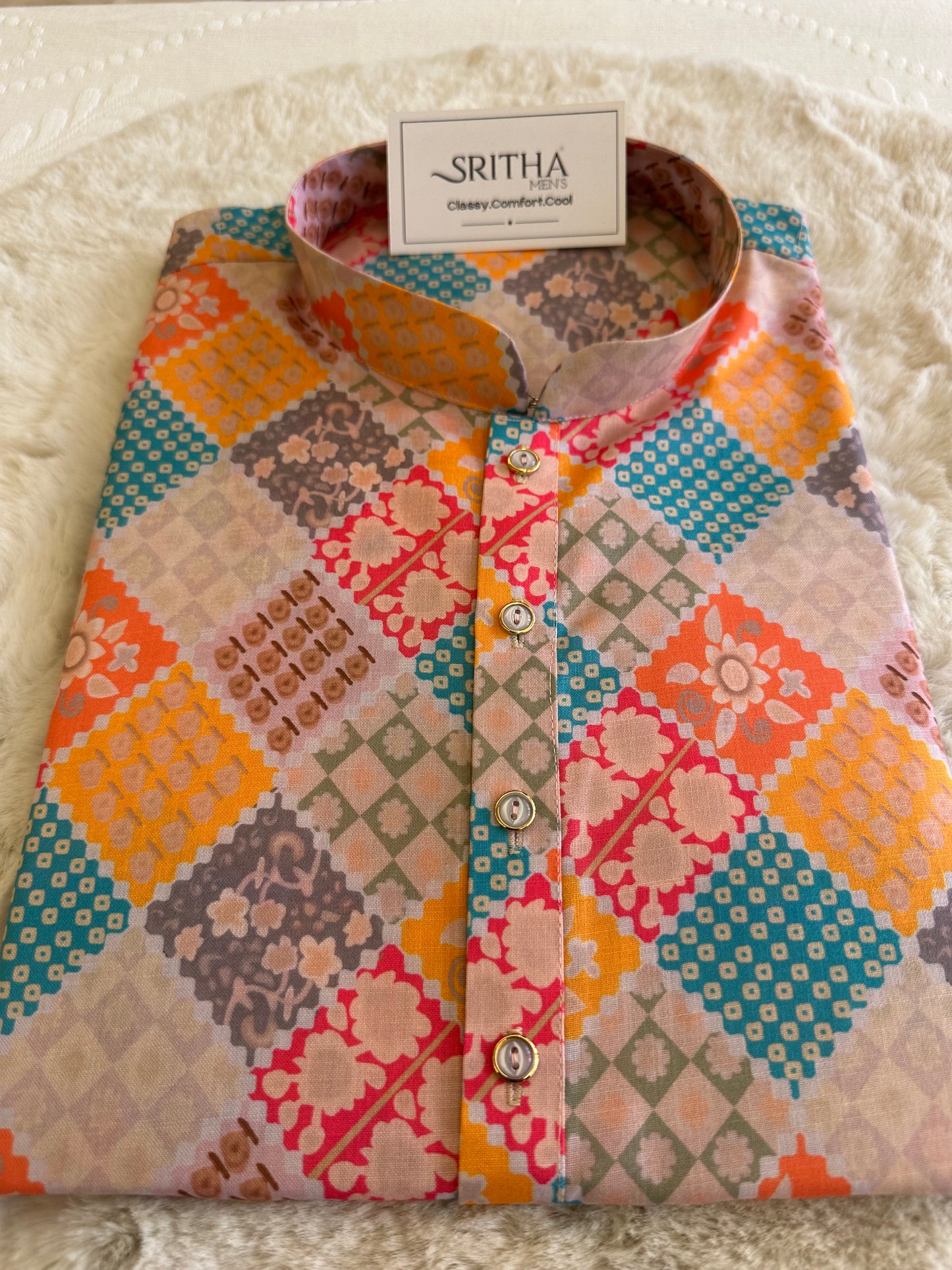 SM0625-01-03 Yellow Pink & Green Printed Cotton Kurta