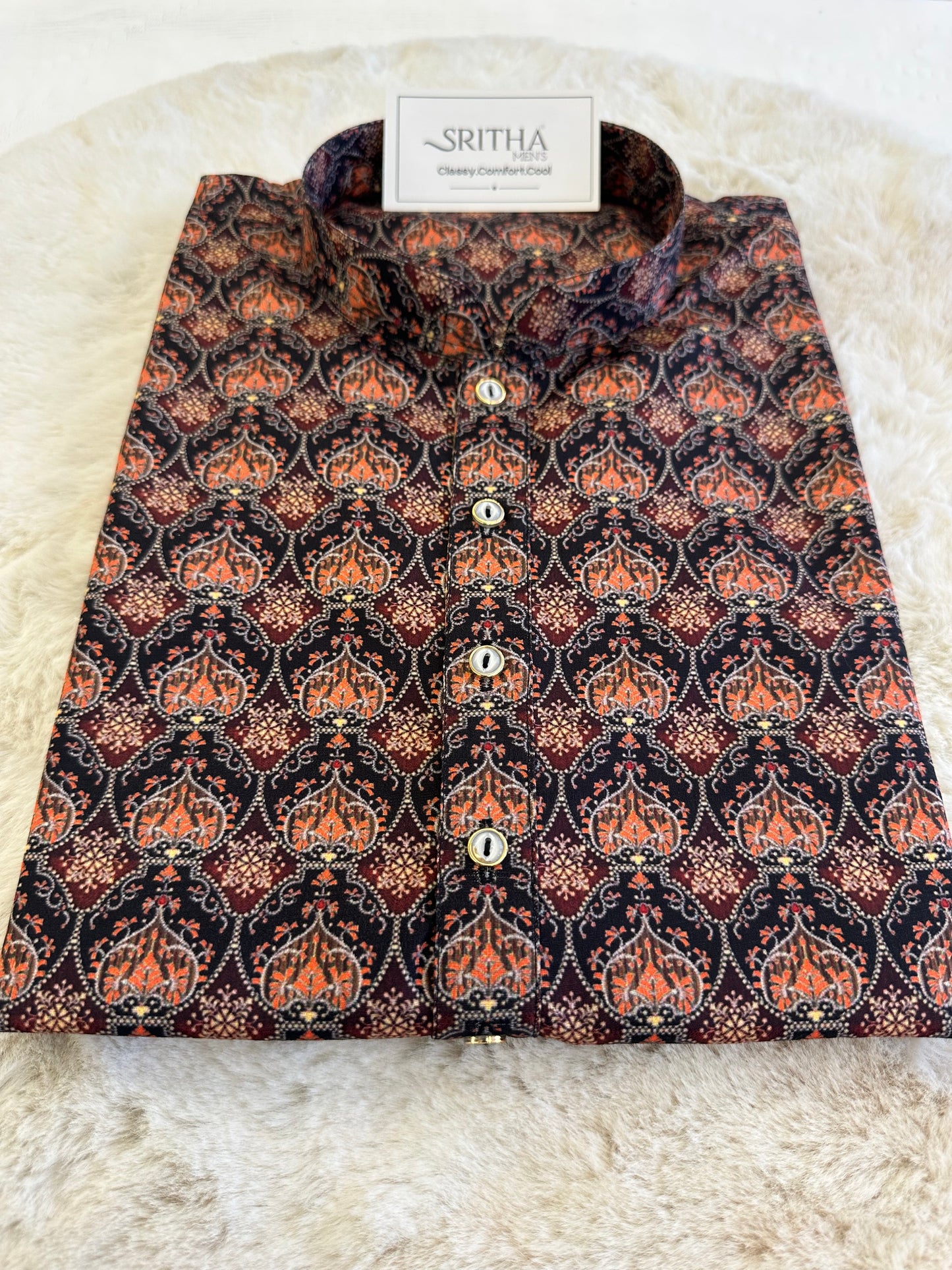 SM0625-01-12 Black & Orange Floral Khadi Silk Kurta