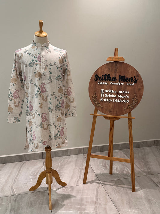 SM0226-01-04 Beige With Blue Pink Cotton Linen Kurta Set