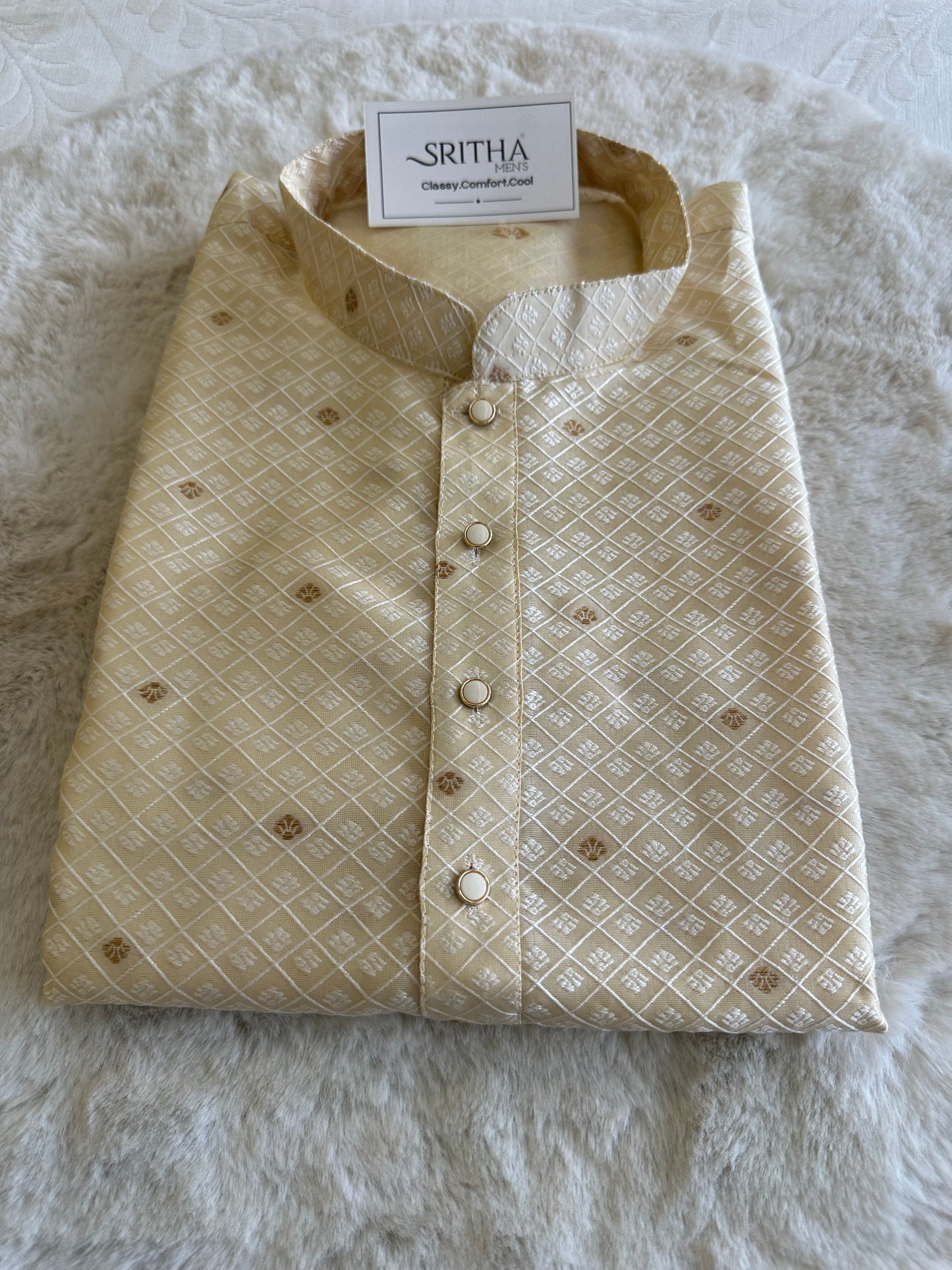 SM0525-02-04 Cream & Gold Silk Blend Kurta Set