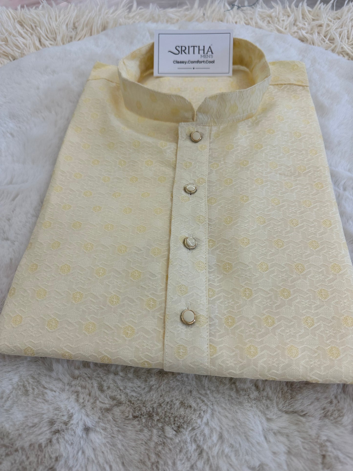SM0724-02-10 Cream & Yellow Jacquard Silk Kurta Set