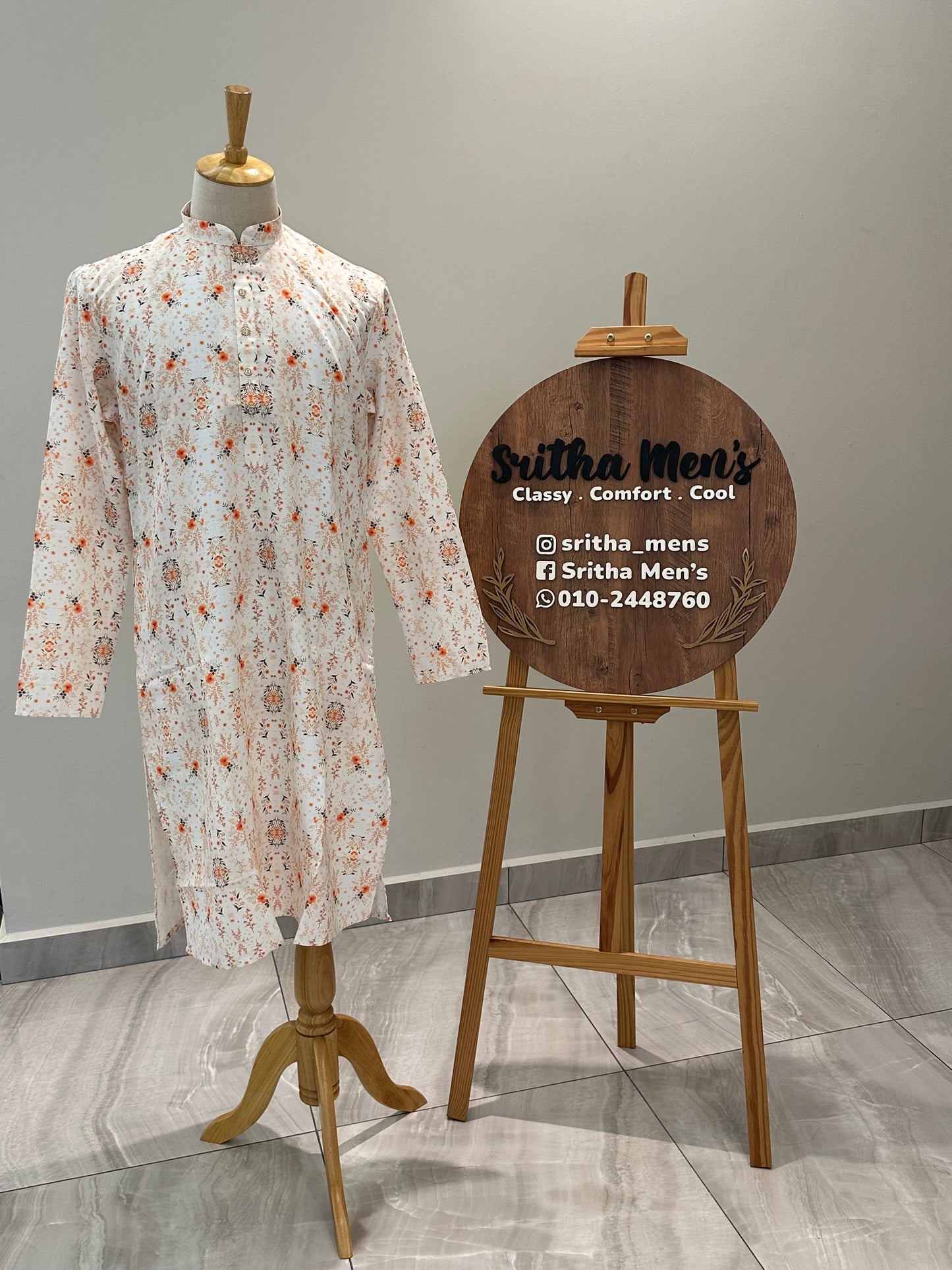 SM0625-01-16 White and Orange Floral Viscose Print Kurta
