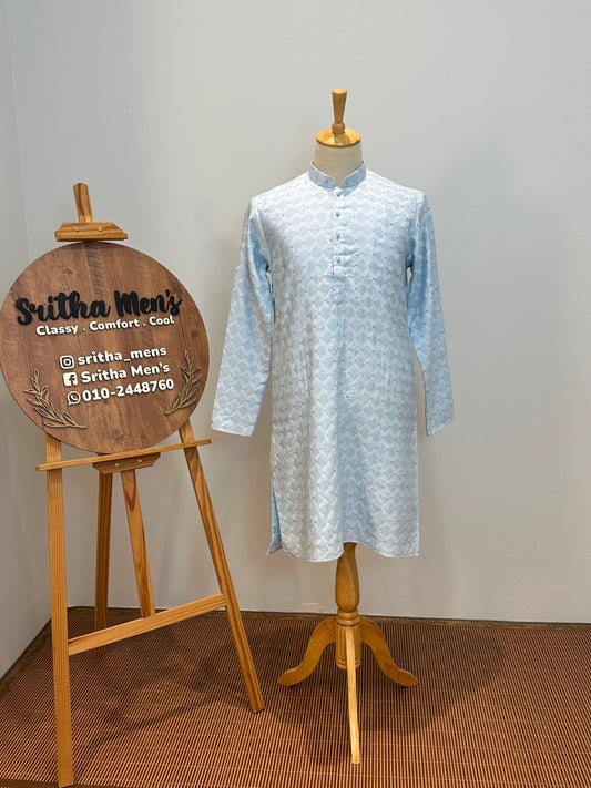 SM0826-02-21 Sky Blue Soft Jacquard Silk Blend Kurta Set