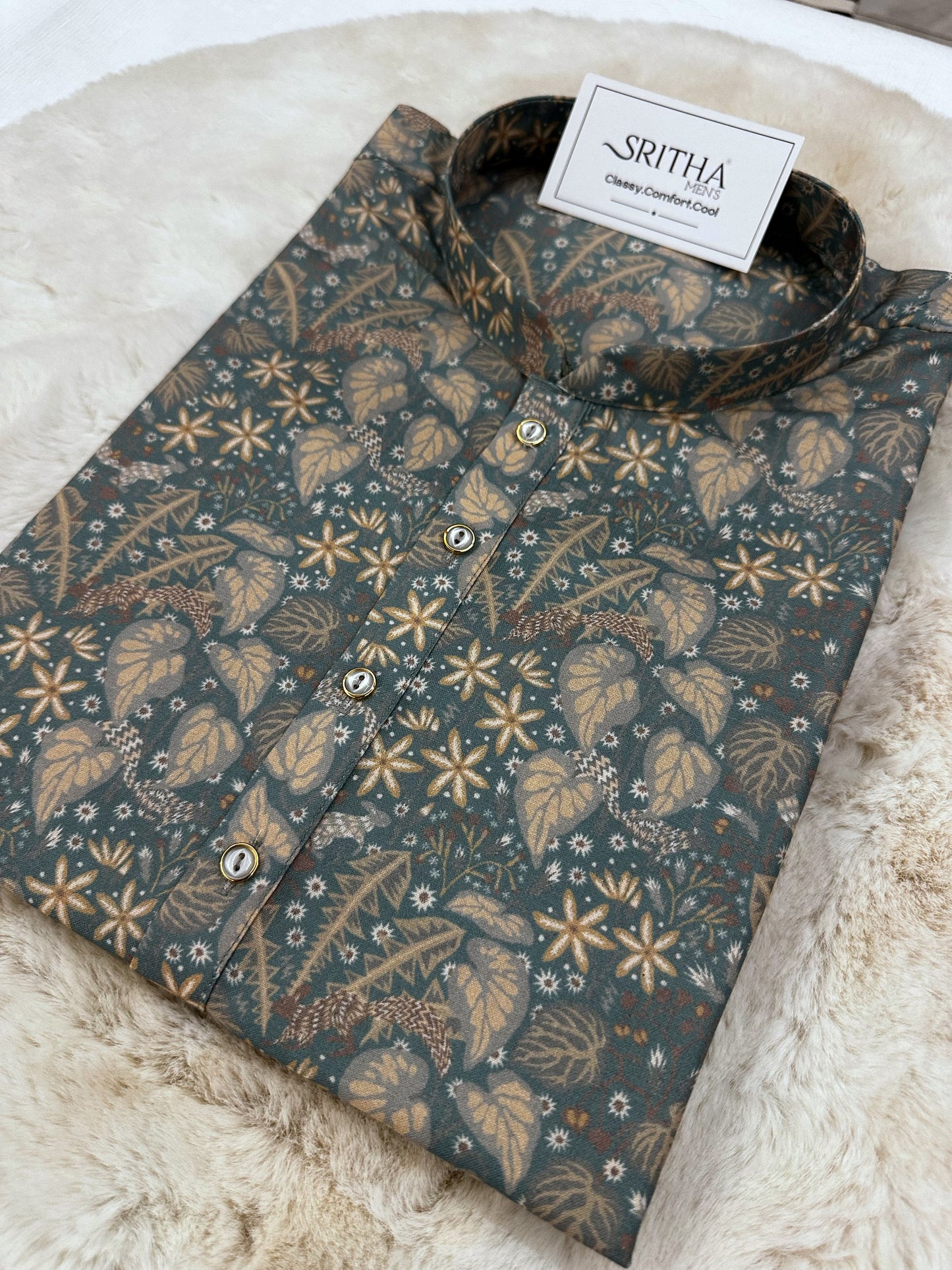SM1224-01-10 Grey Green Floral Print Soft Cotton Kurta