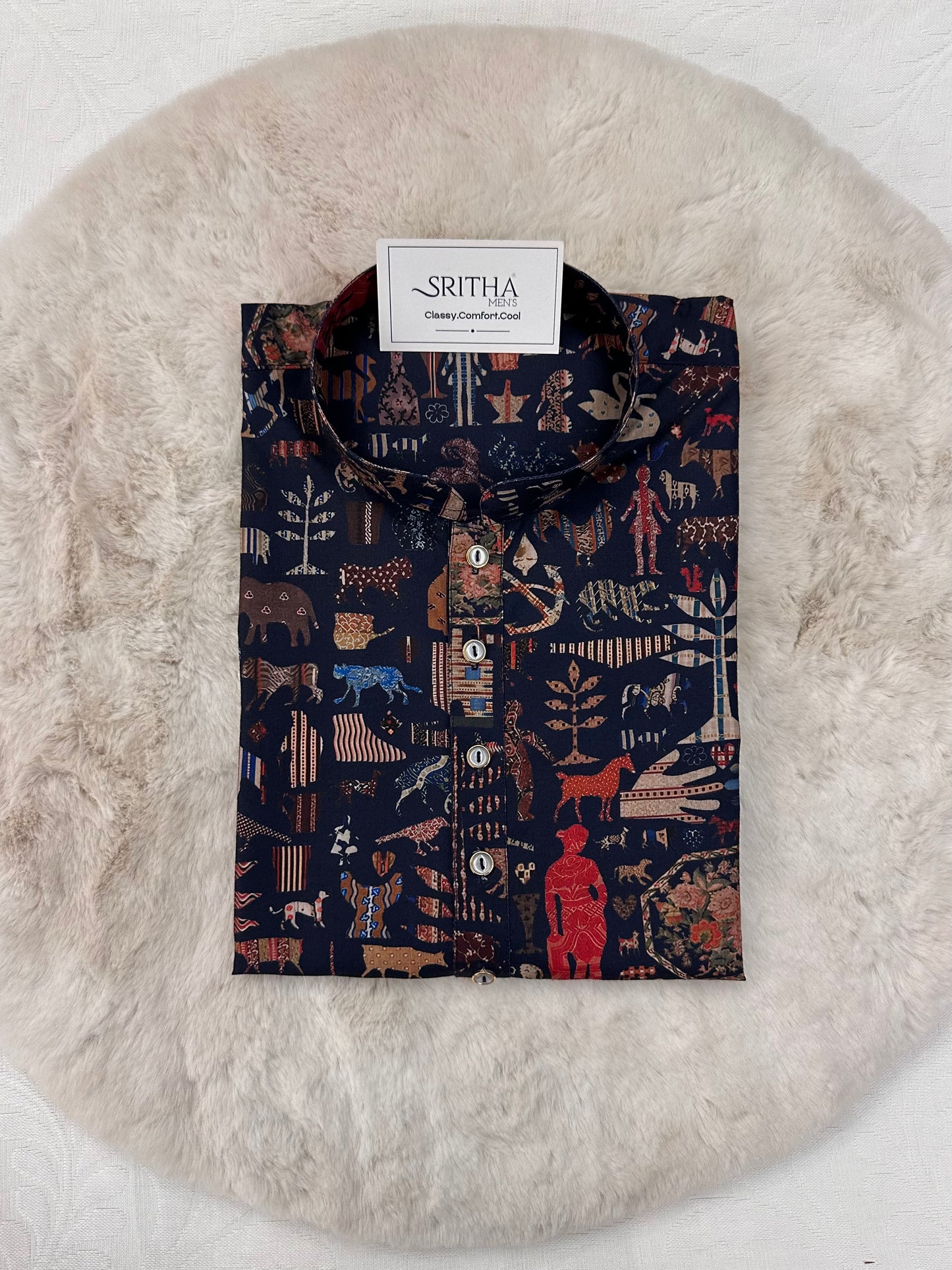 SM0325-01-02 Dark Blue Animal Print Cotton Kurta