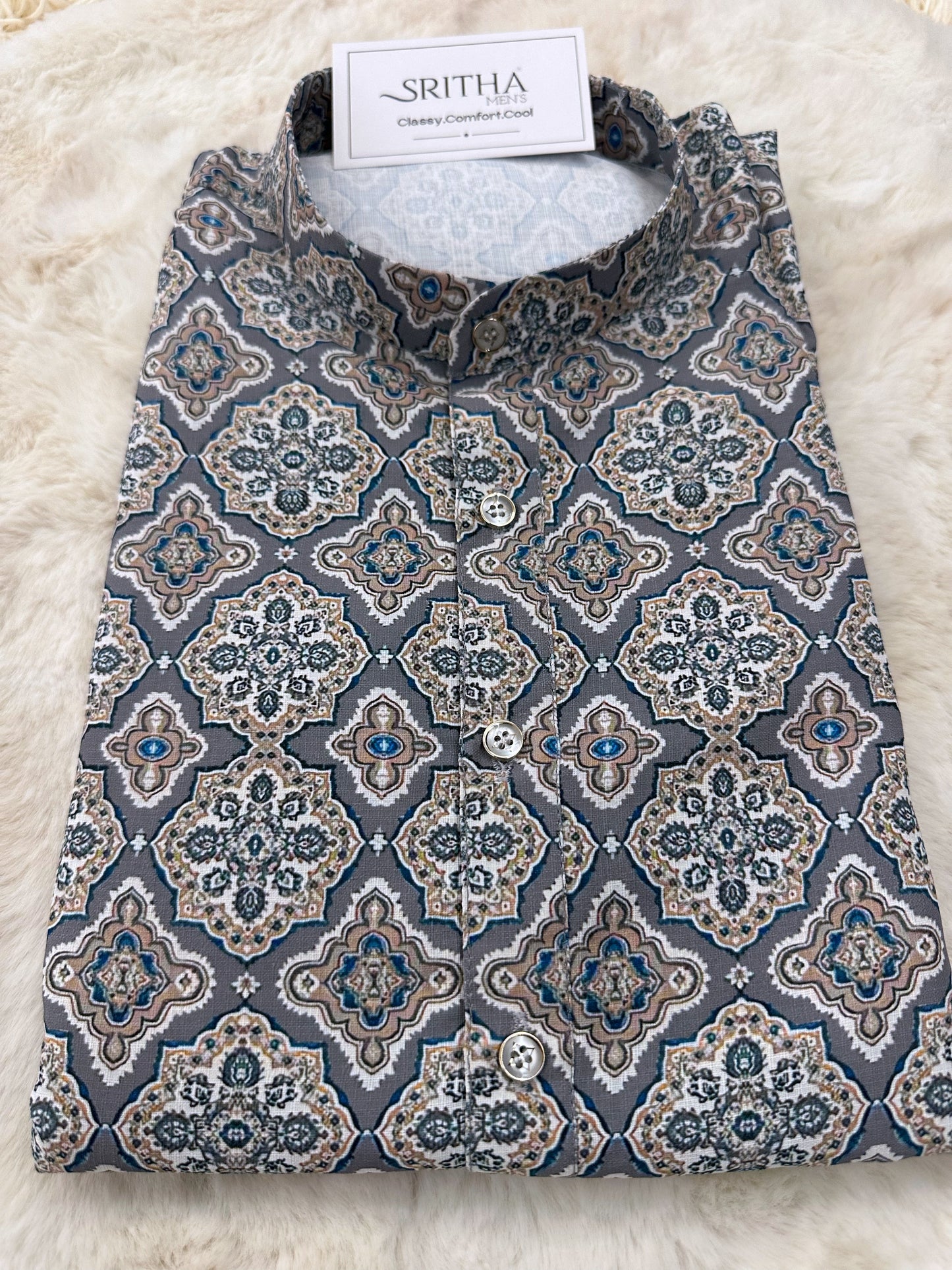 SM1024-01-18 Grey Blue Viscose Print Kurta