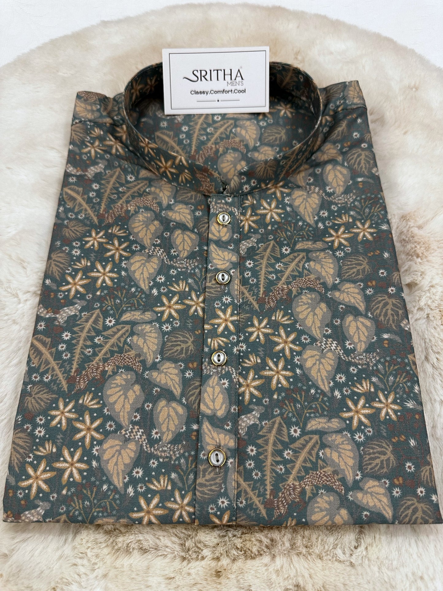 SM1224-01-10 Grey Green Floral Print Soft Cotton Kurta
