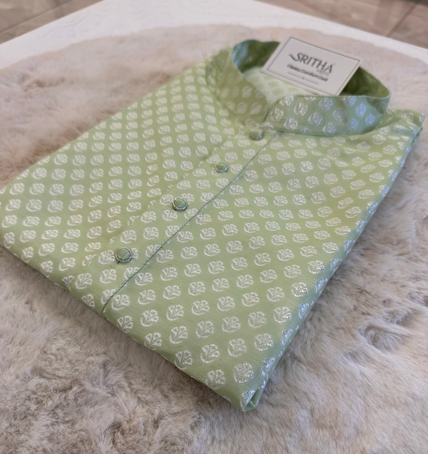 SM0225-02-03 Light Green & Silver Jacquard Silk Blend Kurta Set