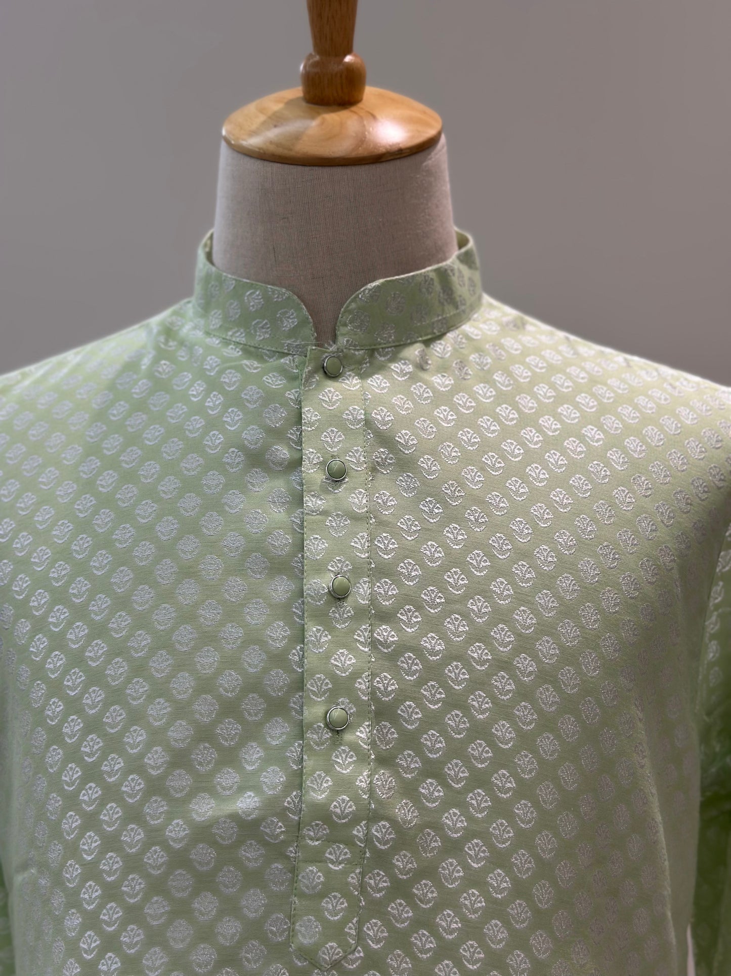 SM0225-02-03 Light Green & Silver Jacquard Silk Blend Kurta Set