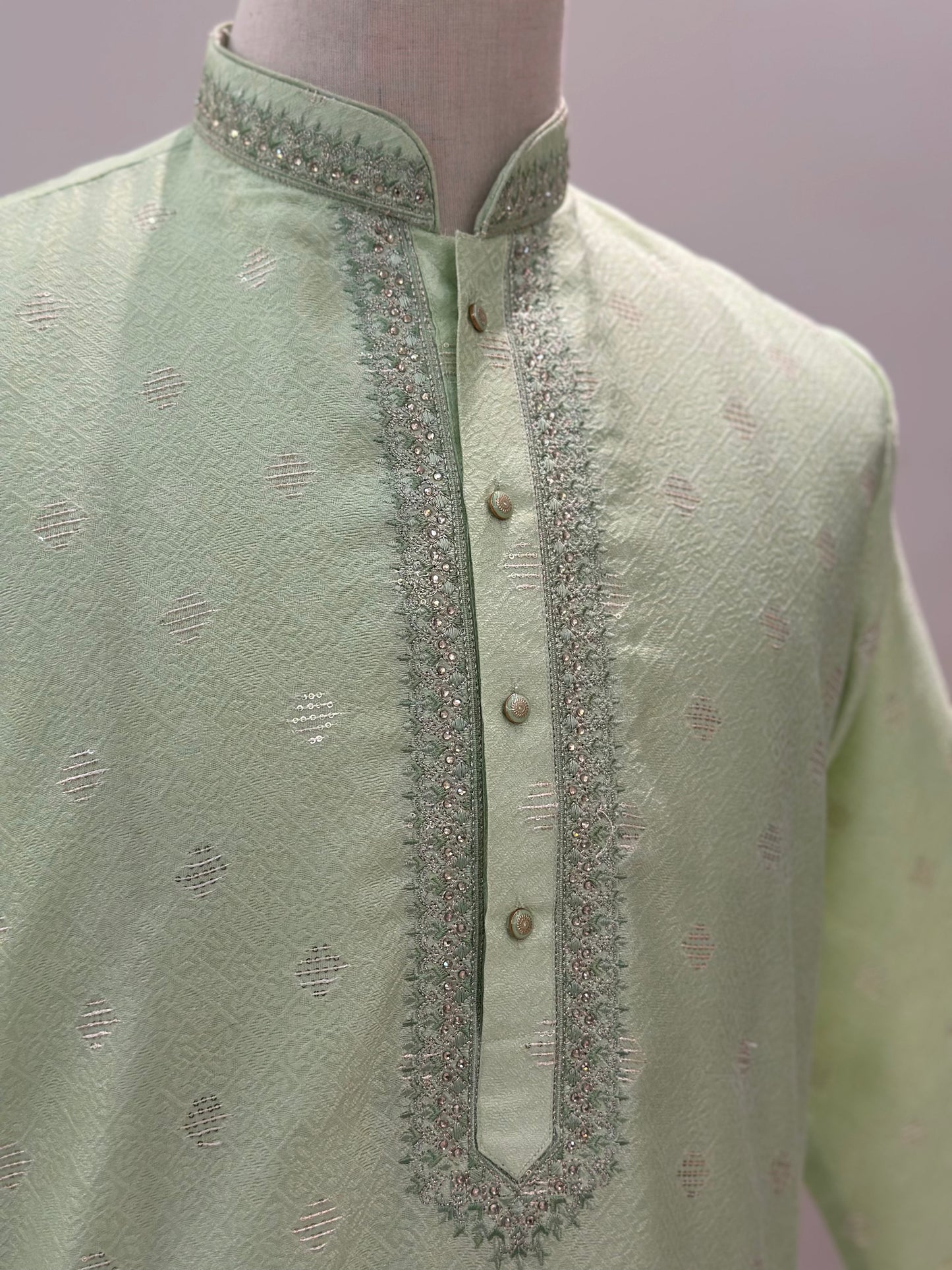 SM0525-02-19 Light Green Stone & Sequins Work Silk Blend with Lining Kurta Set