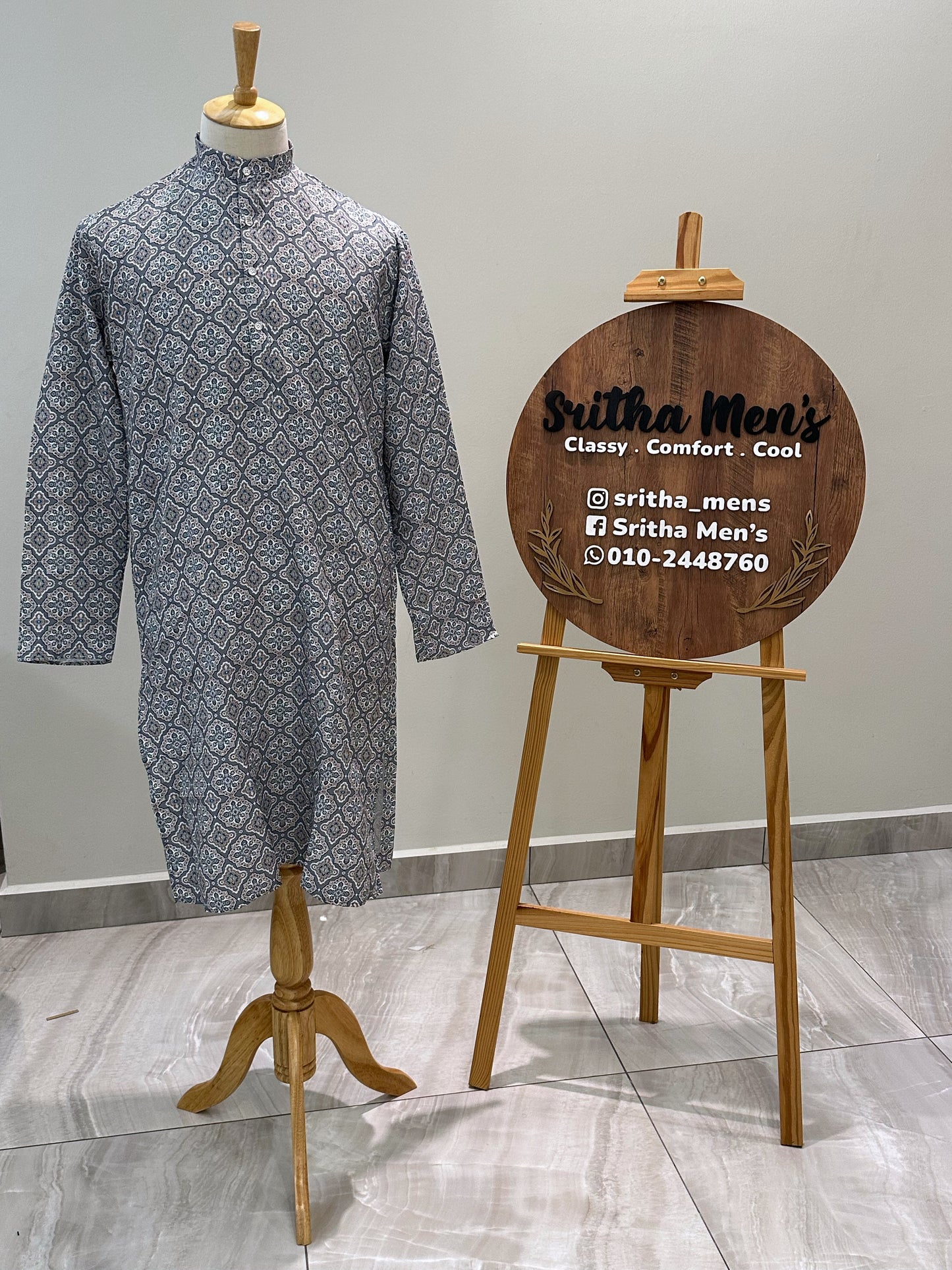 SM1024-01-18 Grey Blue Viscose Print Kurta