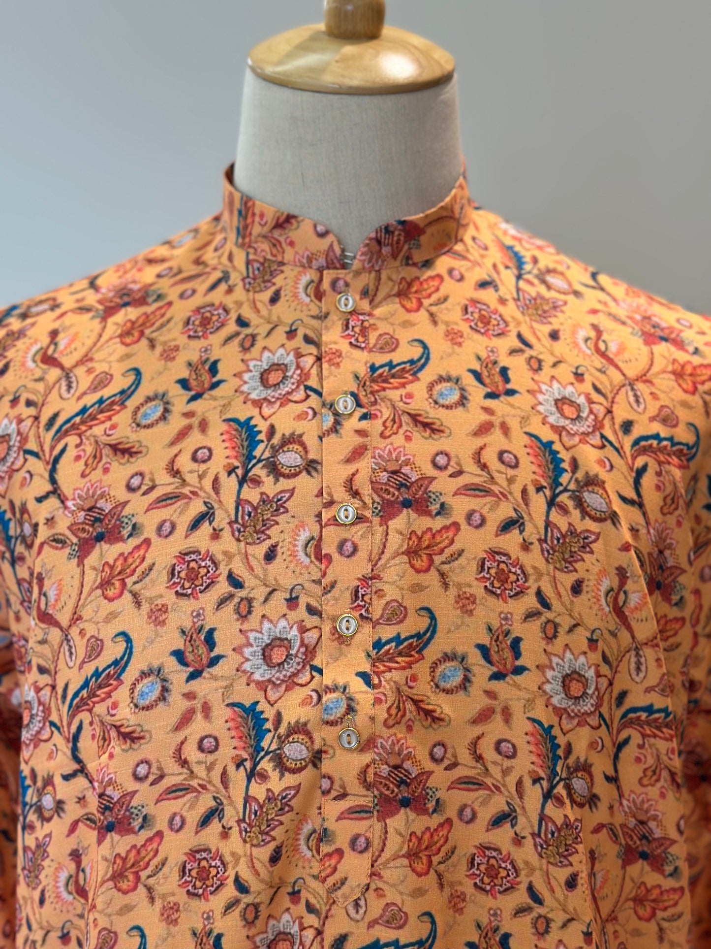 SM0325-01-14 Mustard Orange Floral Khadi Silk Kurta