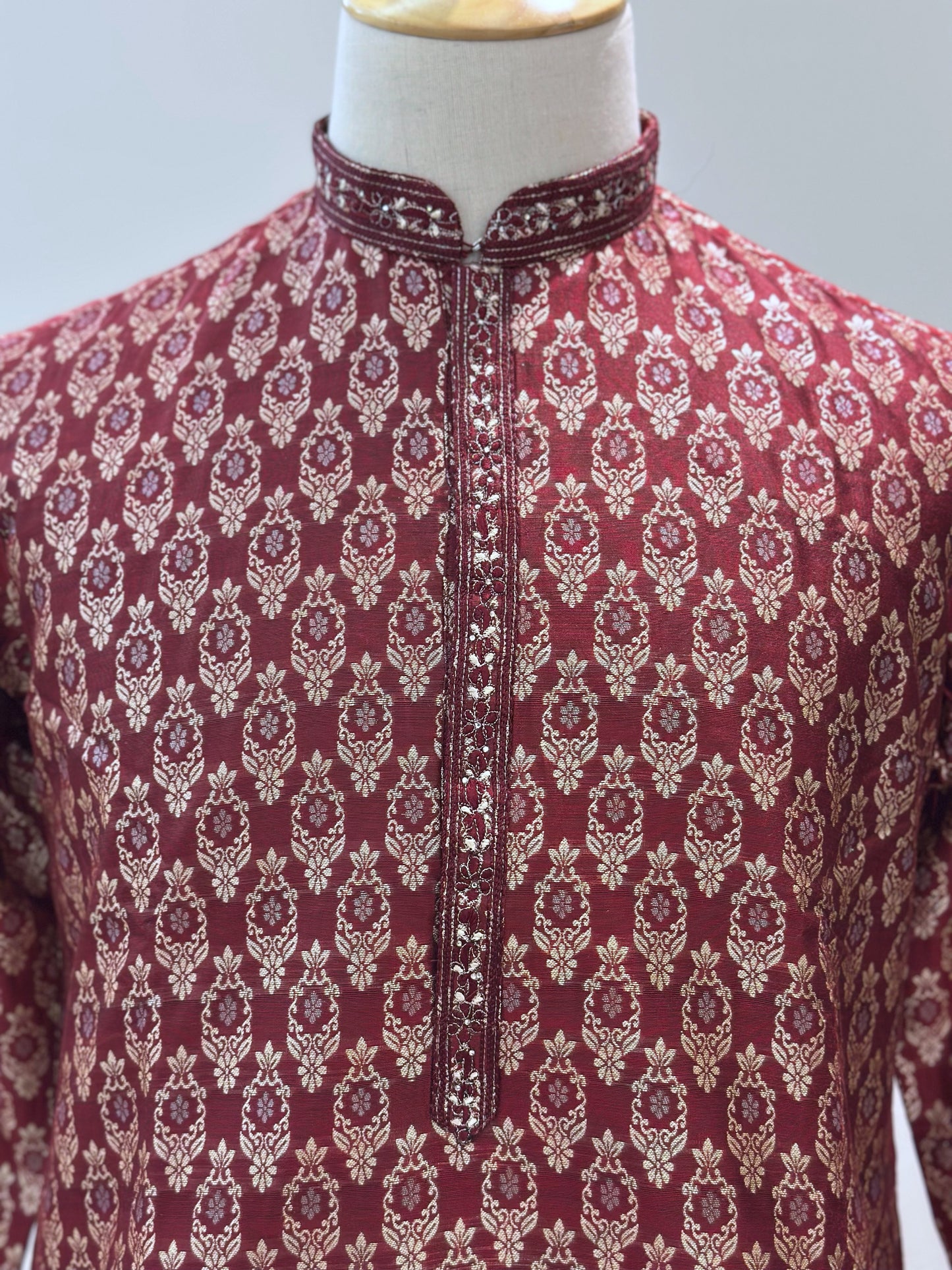 SM0425-02-07 Dark Maroon Red & Gold Jacquard Silk with Full Cotton Lining