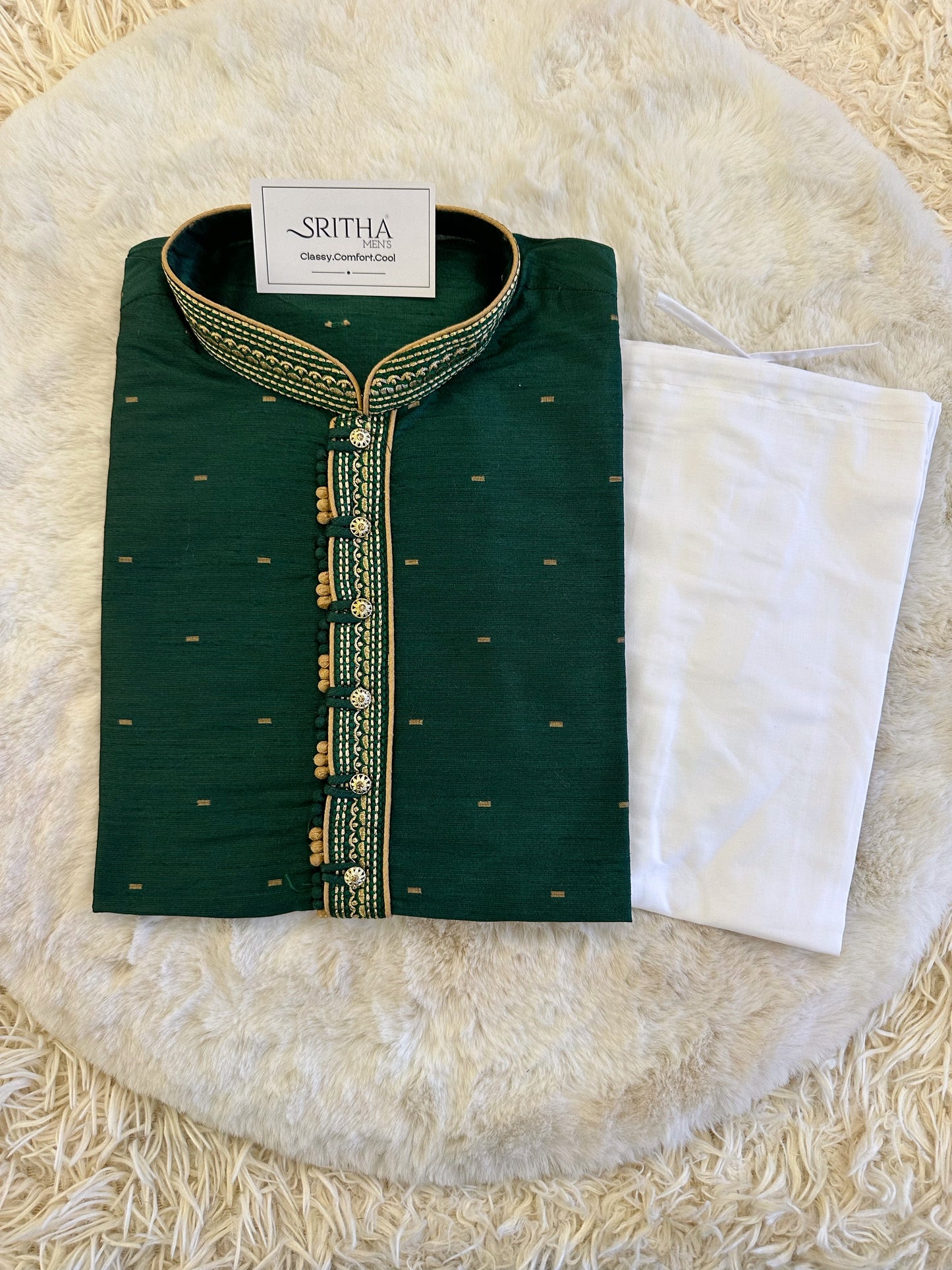 SM0724-04-01 Dark Green & Gold Silk Blend Kurta Set