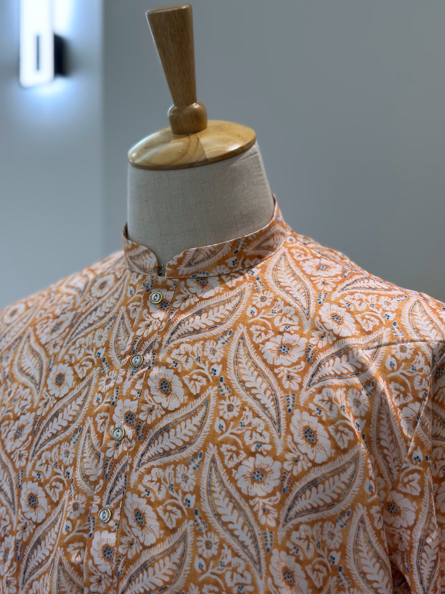SM0325-01-15 Orange White Floral Khadi Silk Kurta