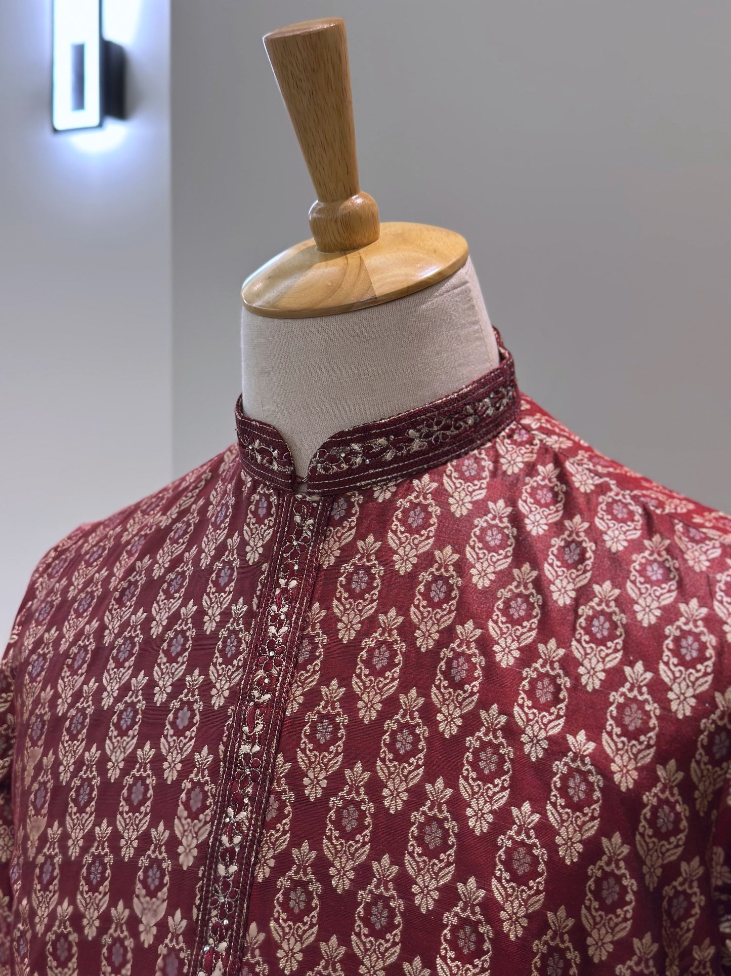 SM0425-02-07 Dark Maroon Red & Gold Jacquard Silk with Full Cotton Lining