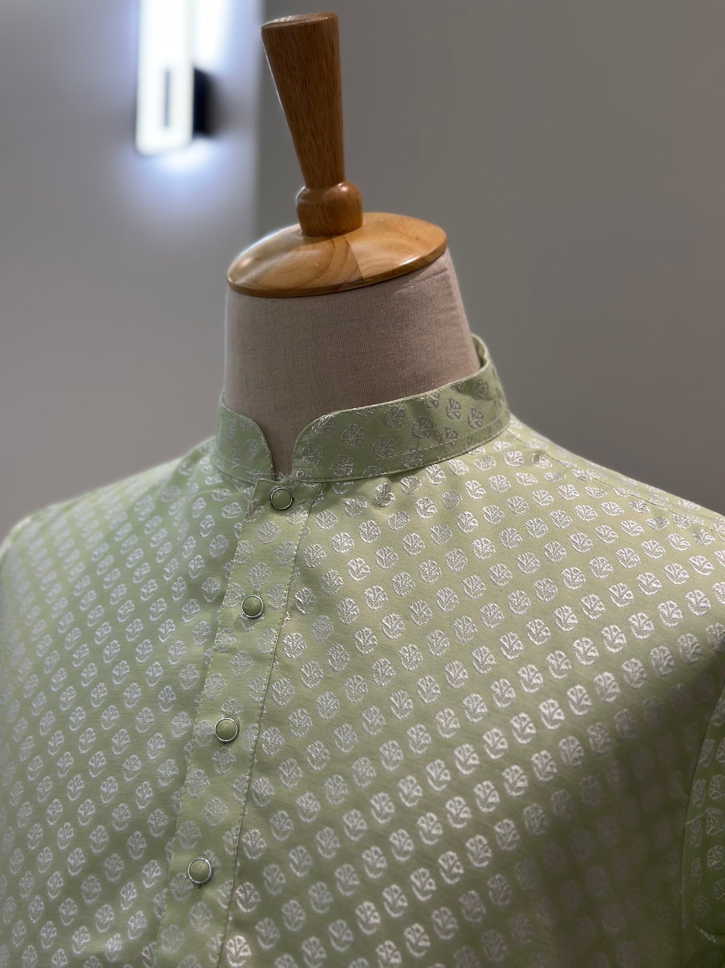 SM0225-02-03 Light Green & Silver Jacquard Silk Blend Kurta Set