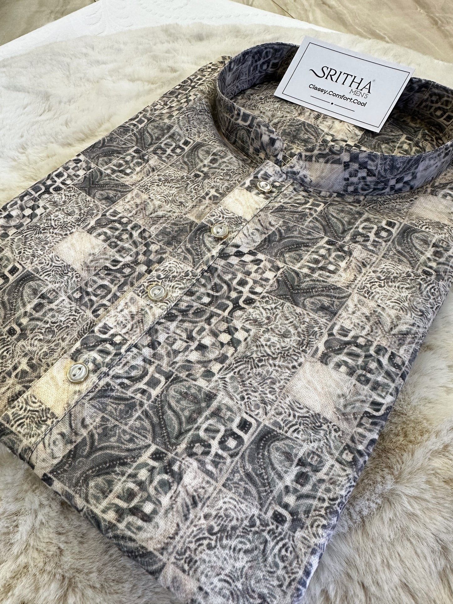 SM0624-01-08 Grey & White Cotton Blend Kurta
