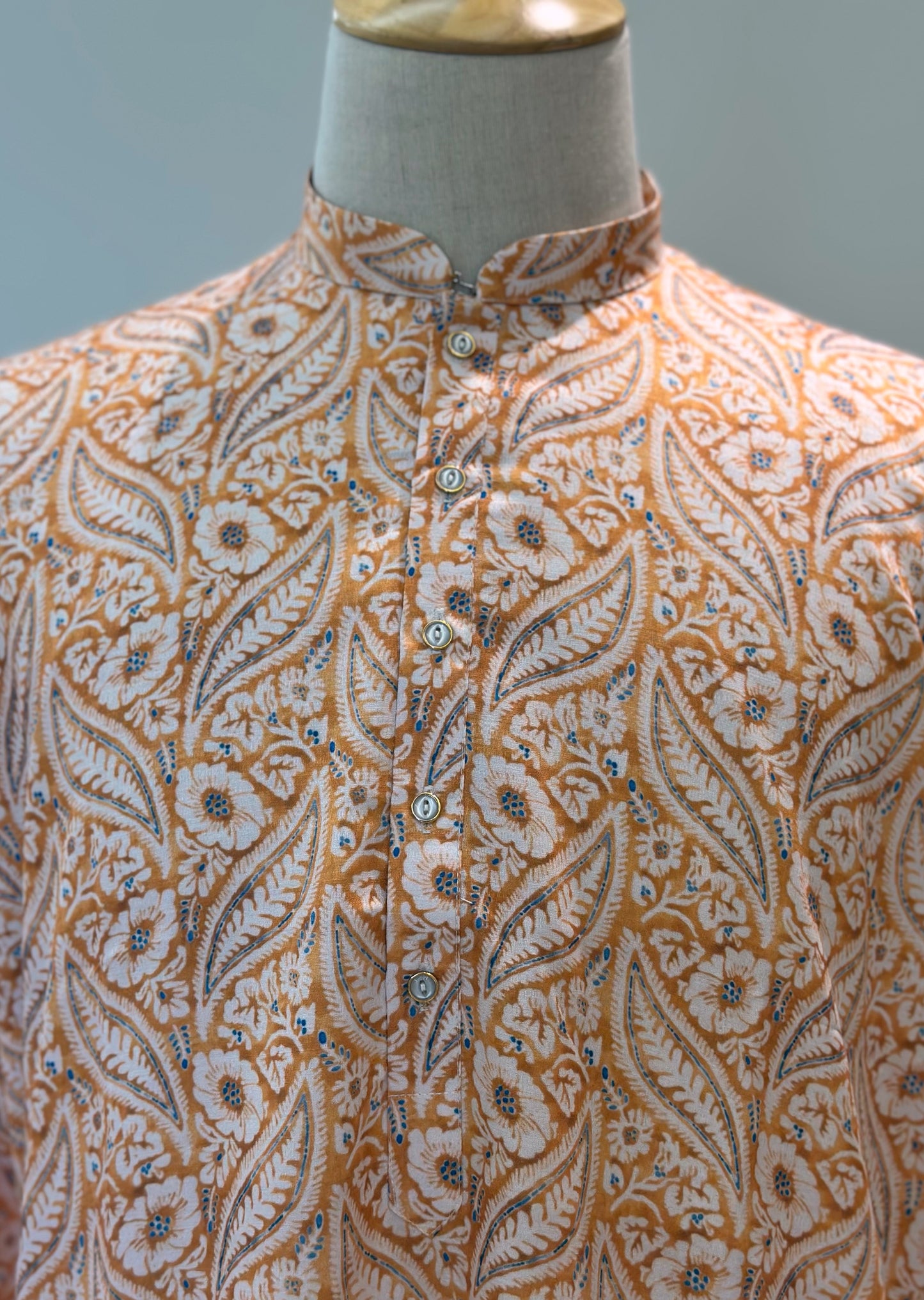 SM0325-01-15 Orange White Floral Khadi Silk Kurta