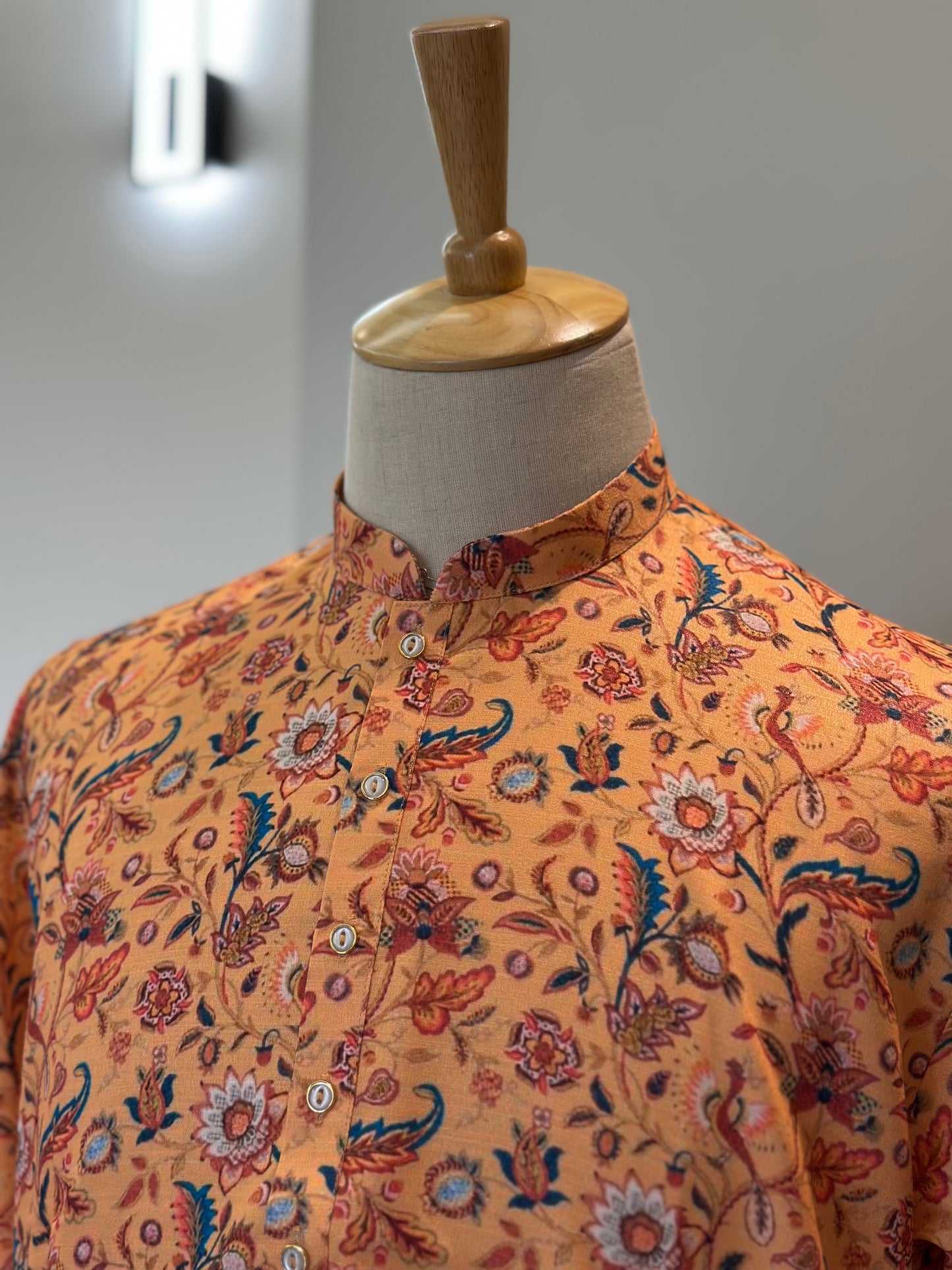 SM0325-01-14 Mustard Orange Floral Khadi Silk Kurta