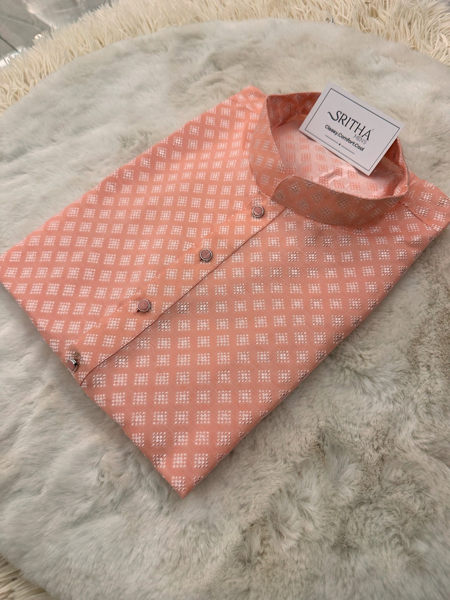 SM1024-02-07 Peach Pink Jacquard Silk Blend Kurta Set