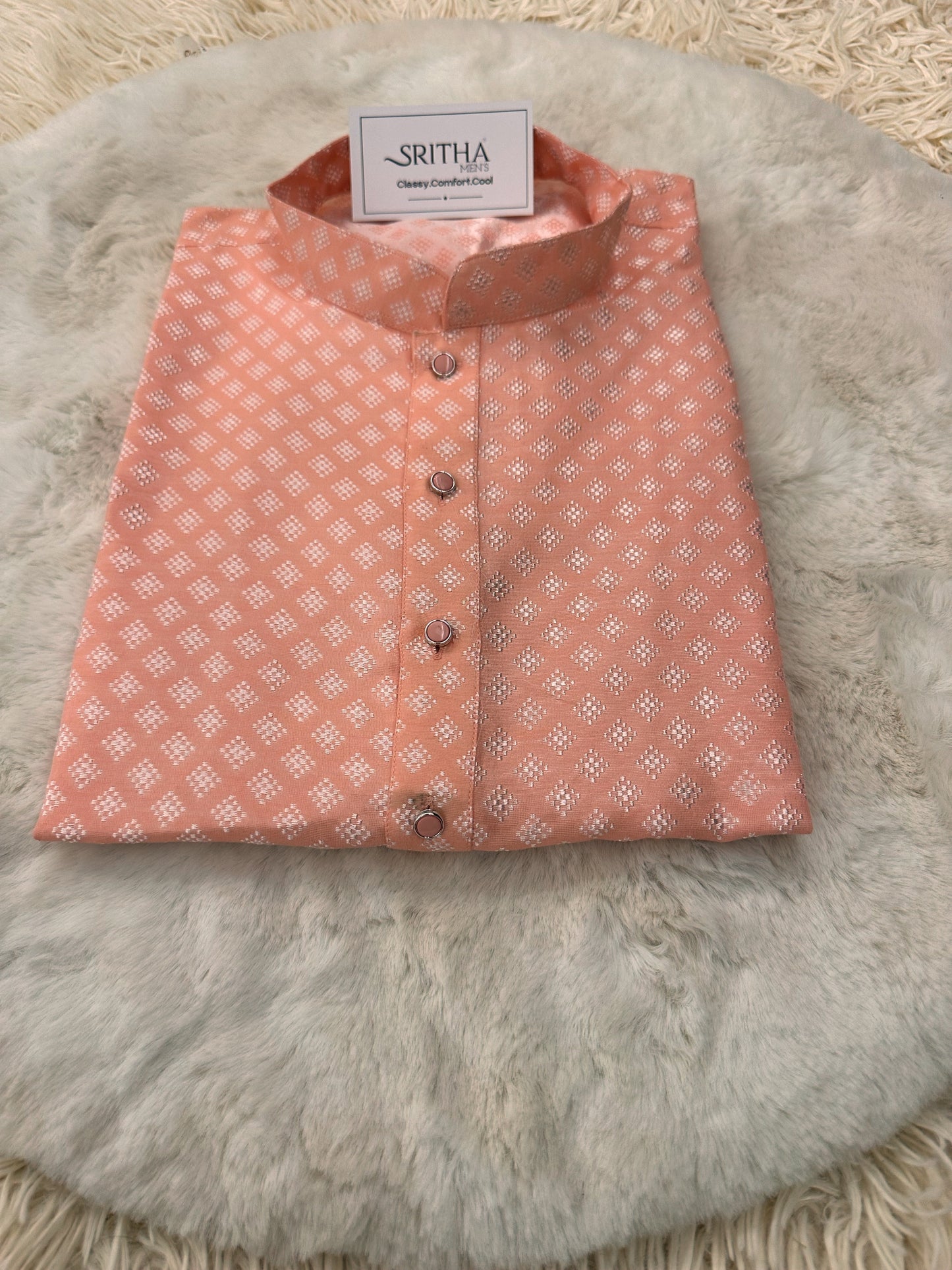 SM1024-02-07 Peach Pink Jacquard Silk Blend Kurta Set
