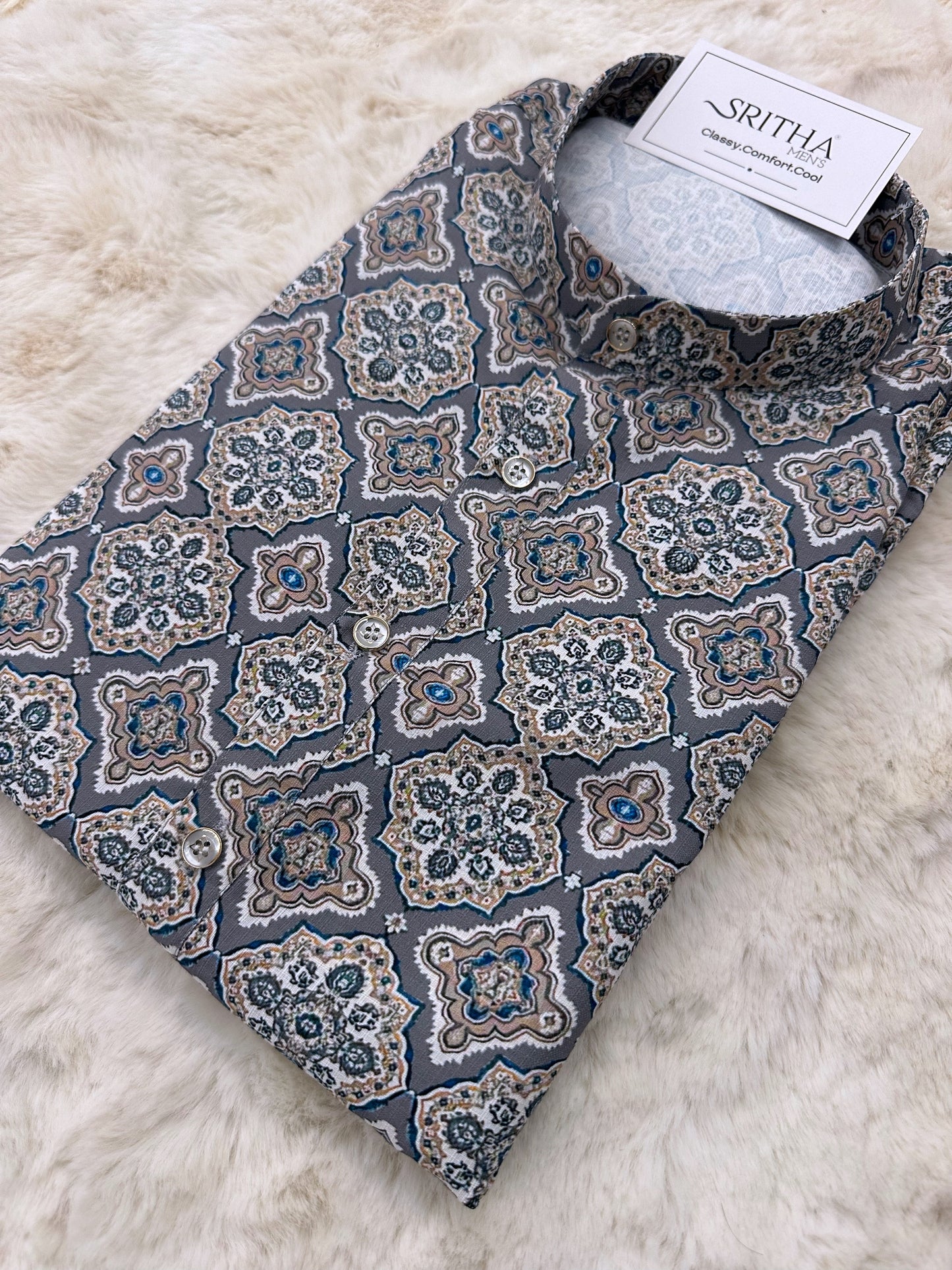SM1024-01-18 Grey Blue Viscose Print Kurta