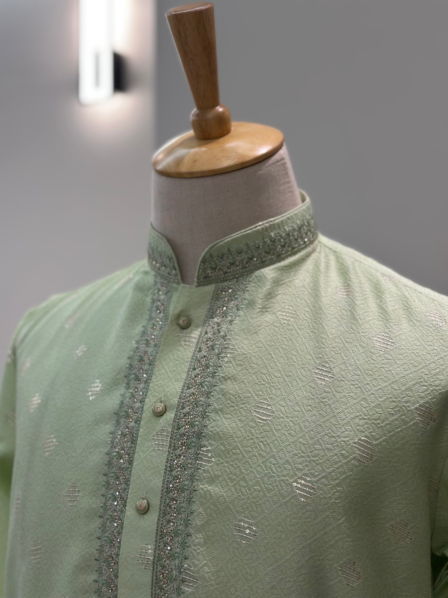 SM0525-02-19 Light Green Stone & Sequins Work Silk Blend with Lining Kurta Set