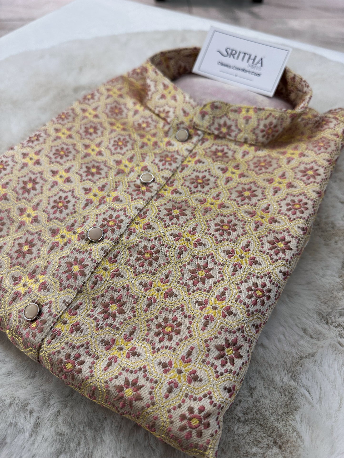 SM0525-02-07 Pastel Yellow & Pink Embroidery Jacquard Silk Kurta Set