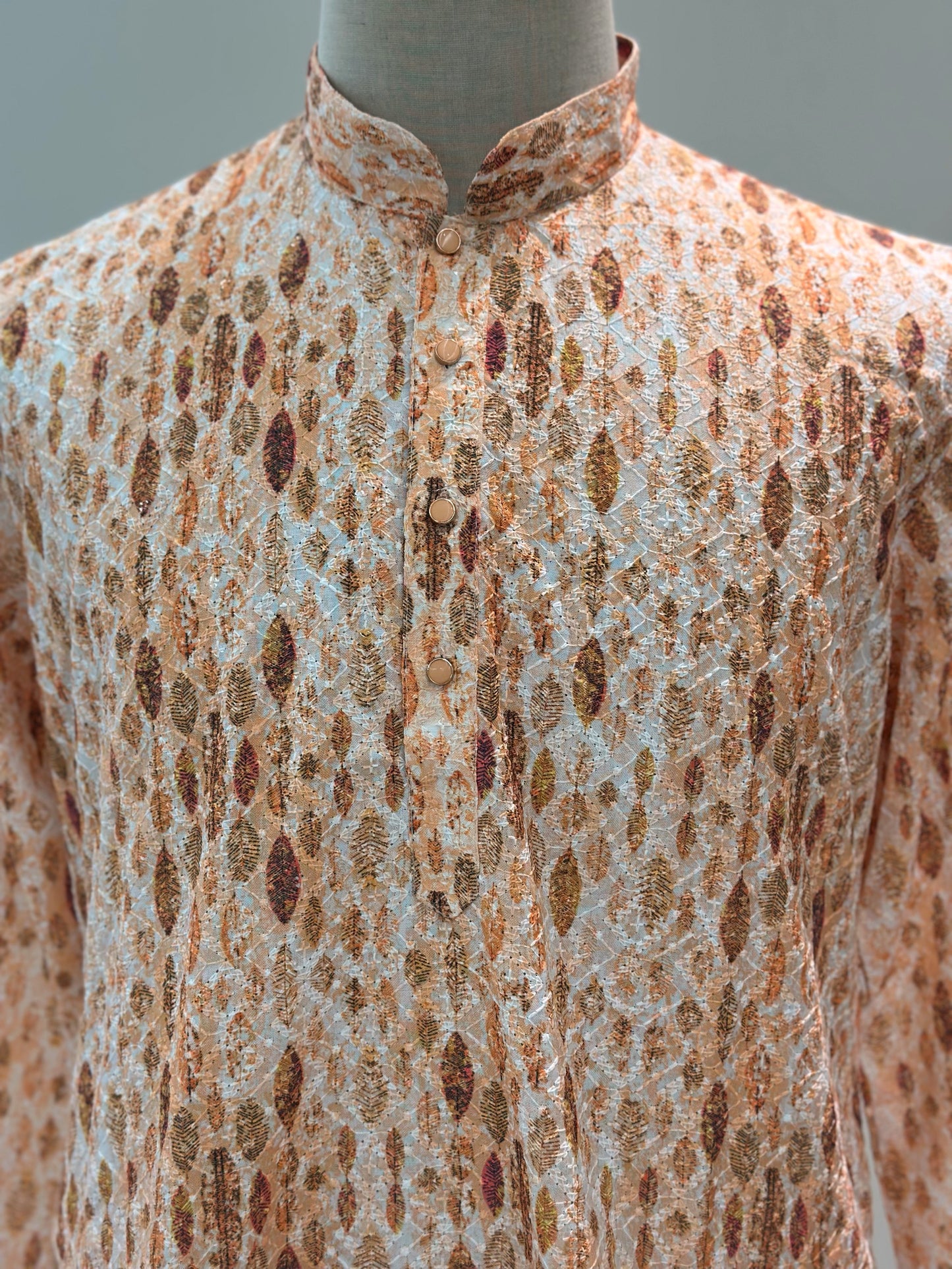 SM1124-02-04 Orange & White Cotton Chikan Kurta Set