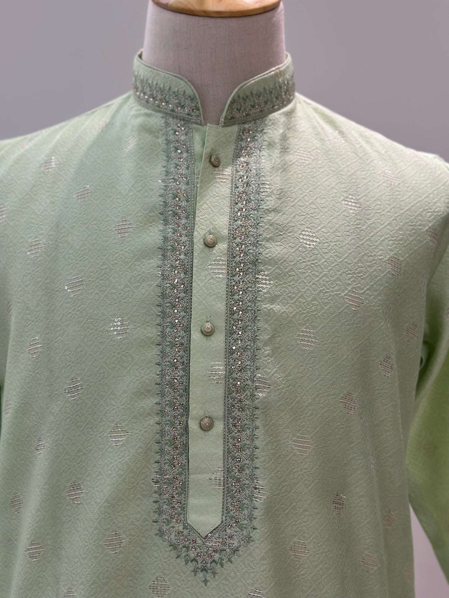 SM0525-02-19 Light Green Stone & Sequins Work Silk Blend with Lining Kurta Set