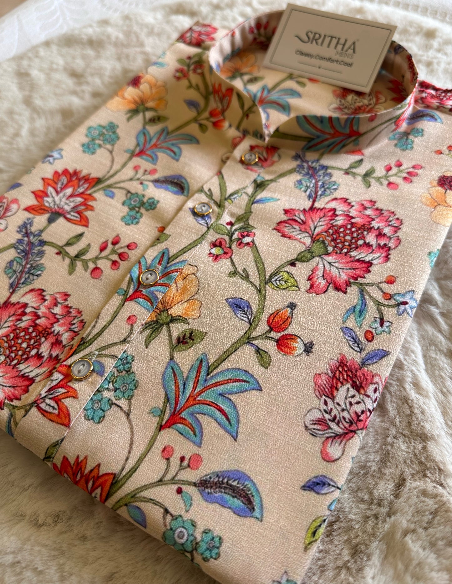 SM0325-01-11 Off White Floral Soft Khadi Silk Kurta