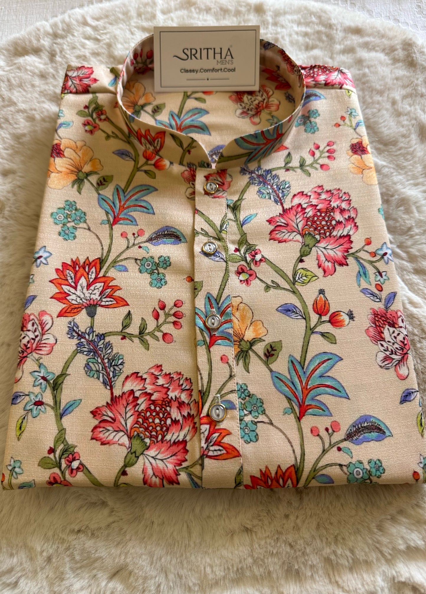 SM0325-01-11 Off White Floral Soft Khadi Silk Kurta
