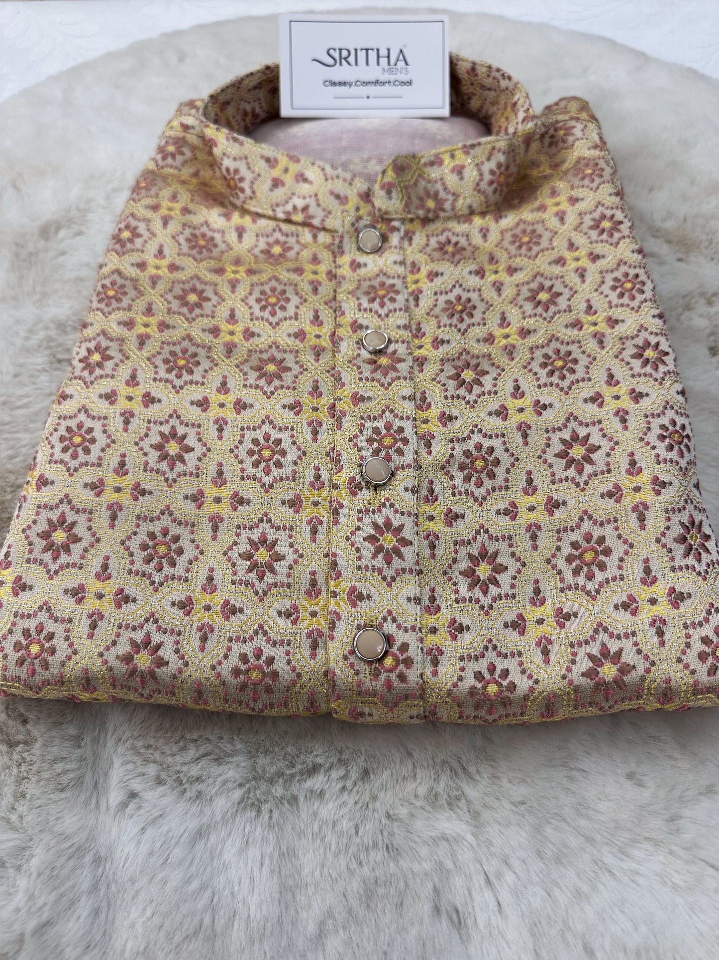 SM0525-02-07 Pastel Yellow & Pink Embroidery Jacquard Silk Kurta Set