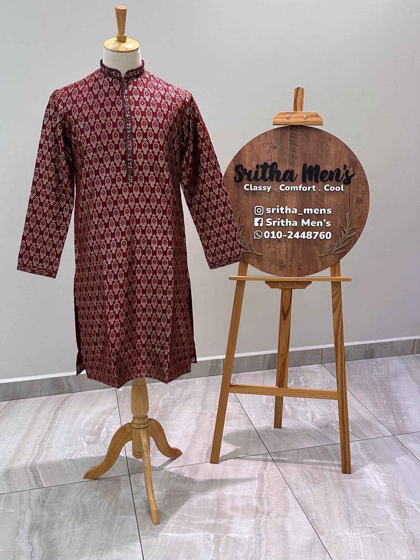 SM0425-02-07 Dark Maroon Red & Gold Jacquard Silk with Full Cotton Lining
