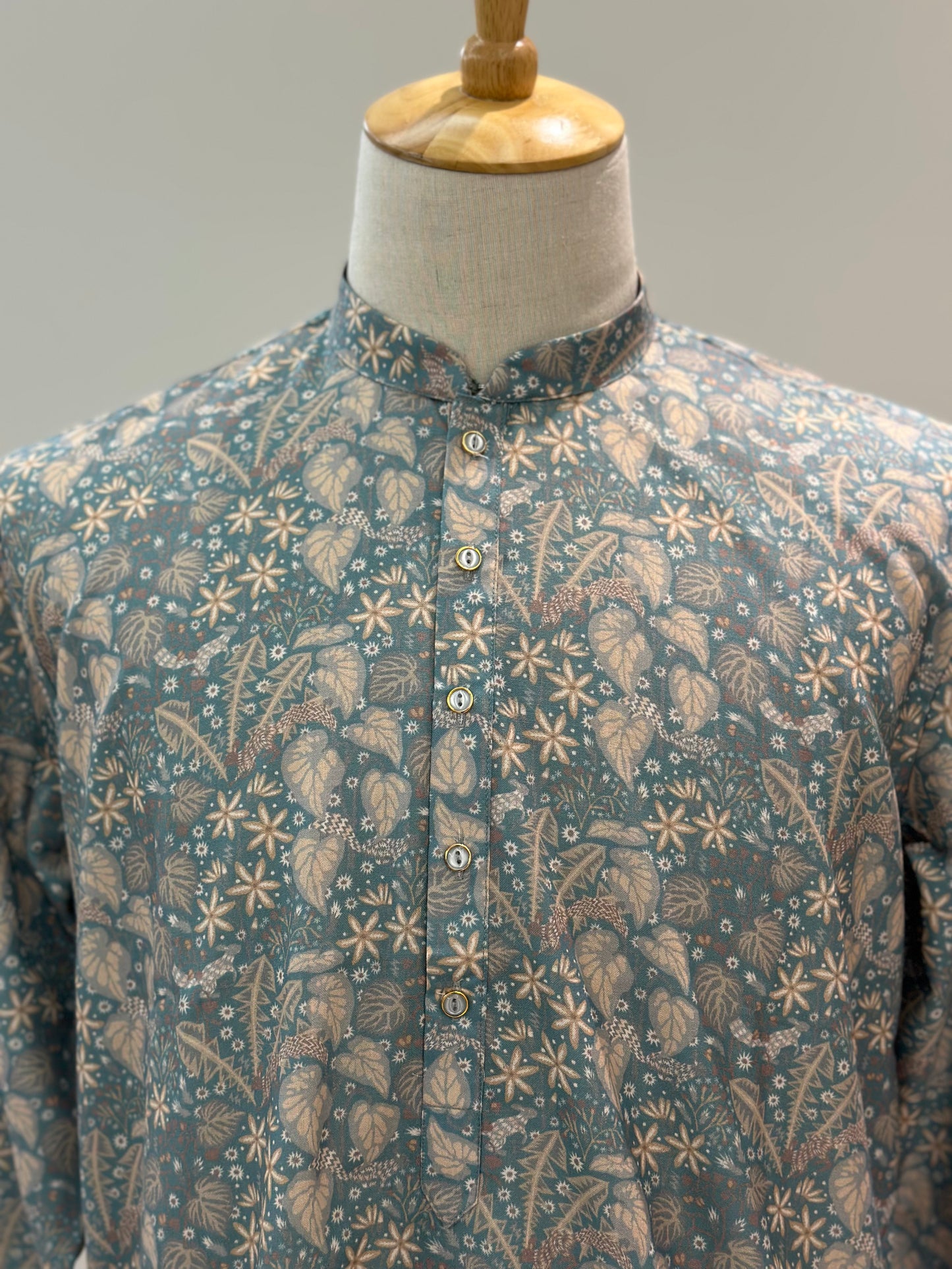 SM1224-01-10 Grey Green Floral Print Soft Cotton Kurta