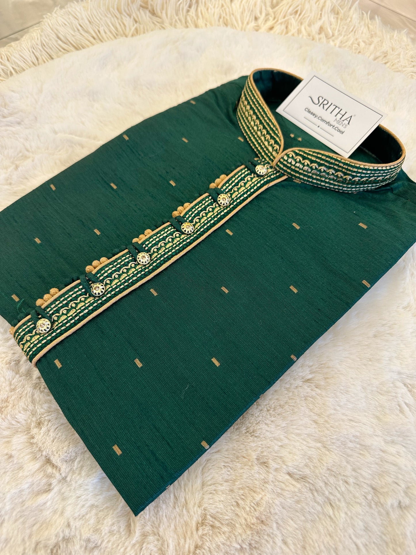 SM0724-04-01 Dark Green & Gold Silk Blend Kurta Set