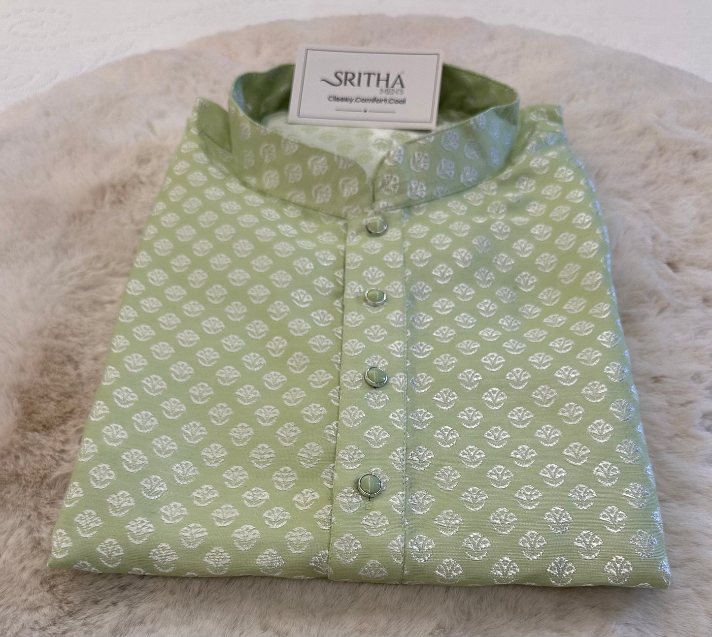 SM0225-02-03 Light Green & Silver Jacquard Silk Blend Kurta Set